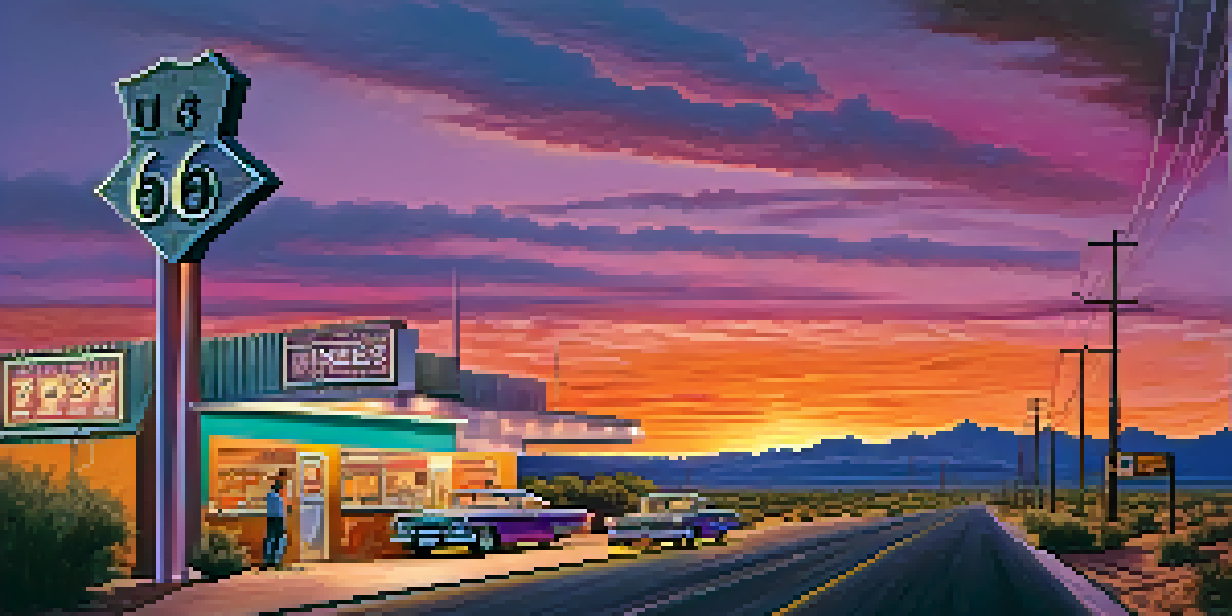 A scenic view of Route 66 at sunset, with colorful skies and desert plants along the highway.