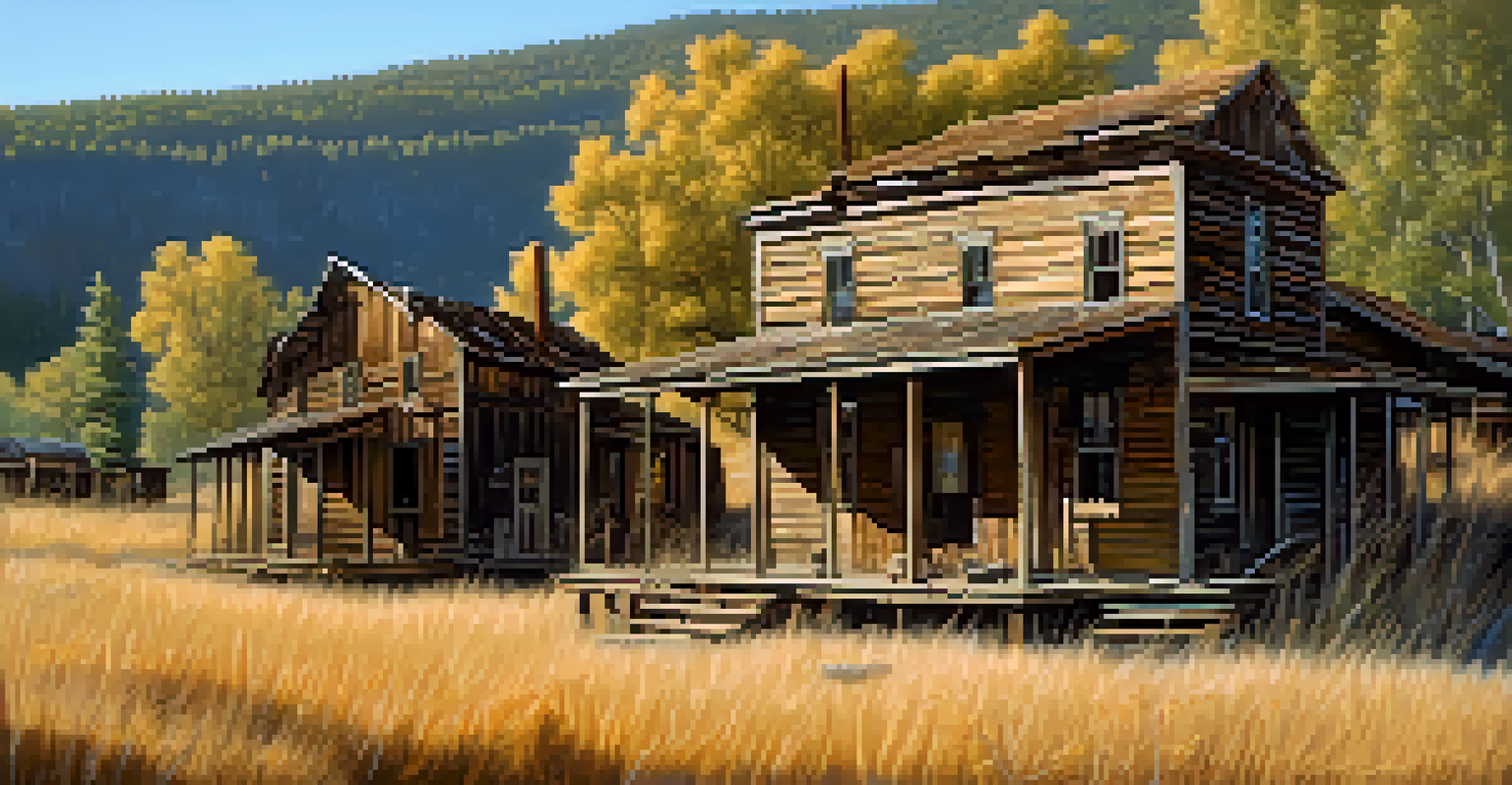 A peaceful view of a ghost town from the Gold Rush era, featuring old buildings and nature, evoking a sense of history and nostalgia.