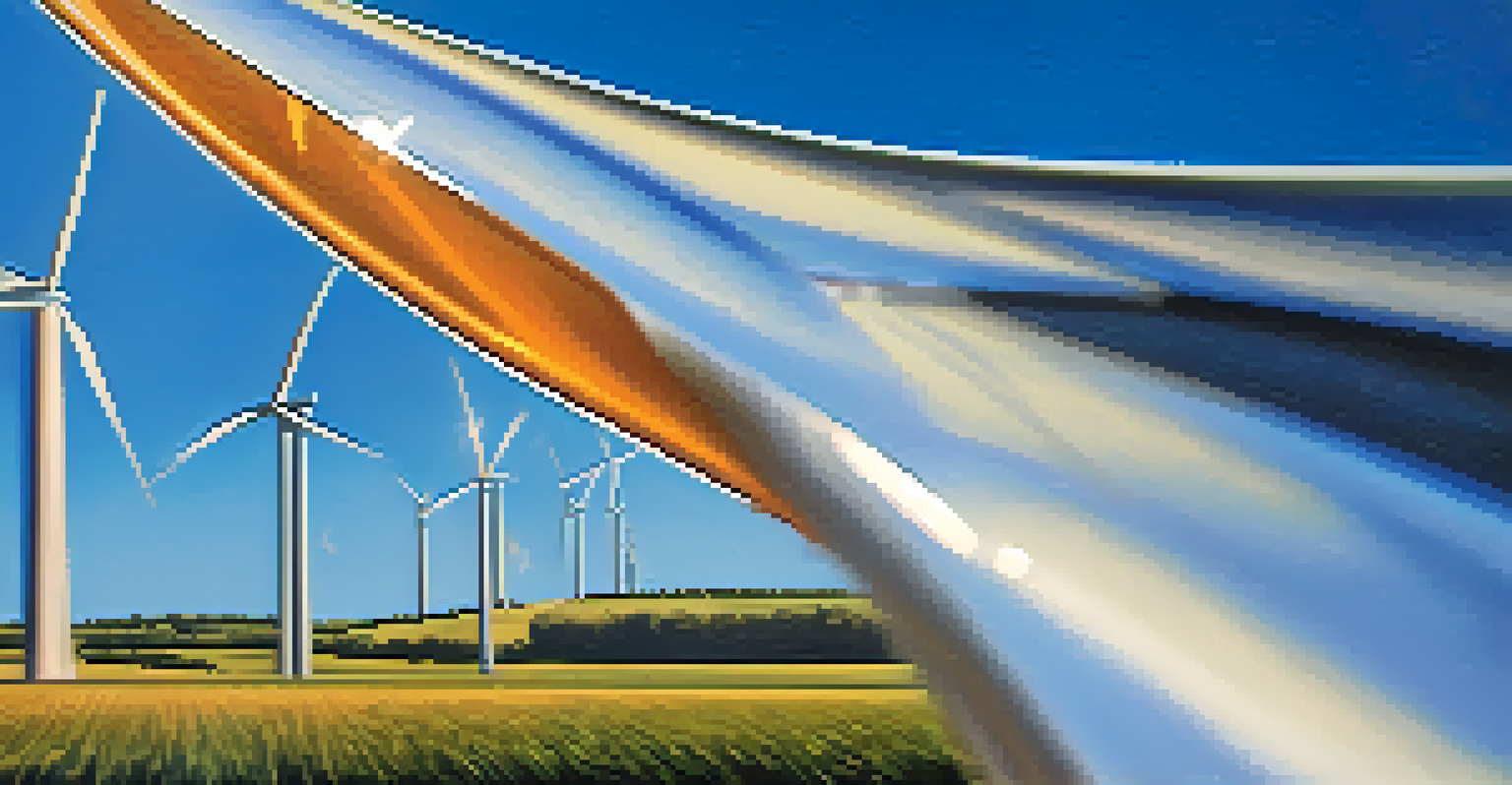 A detailed view of a wind turbine blade with sunlight reflecting off its surface.
