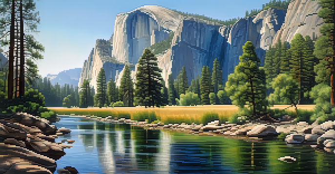 A picturesque view of Yosemite National Park with granite cliffs and a flowing river.