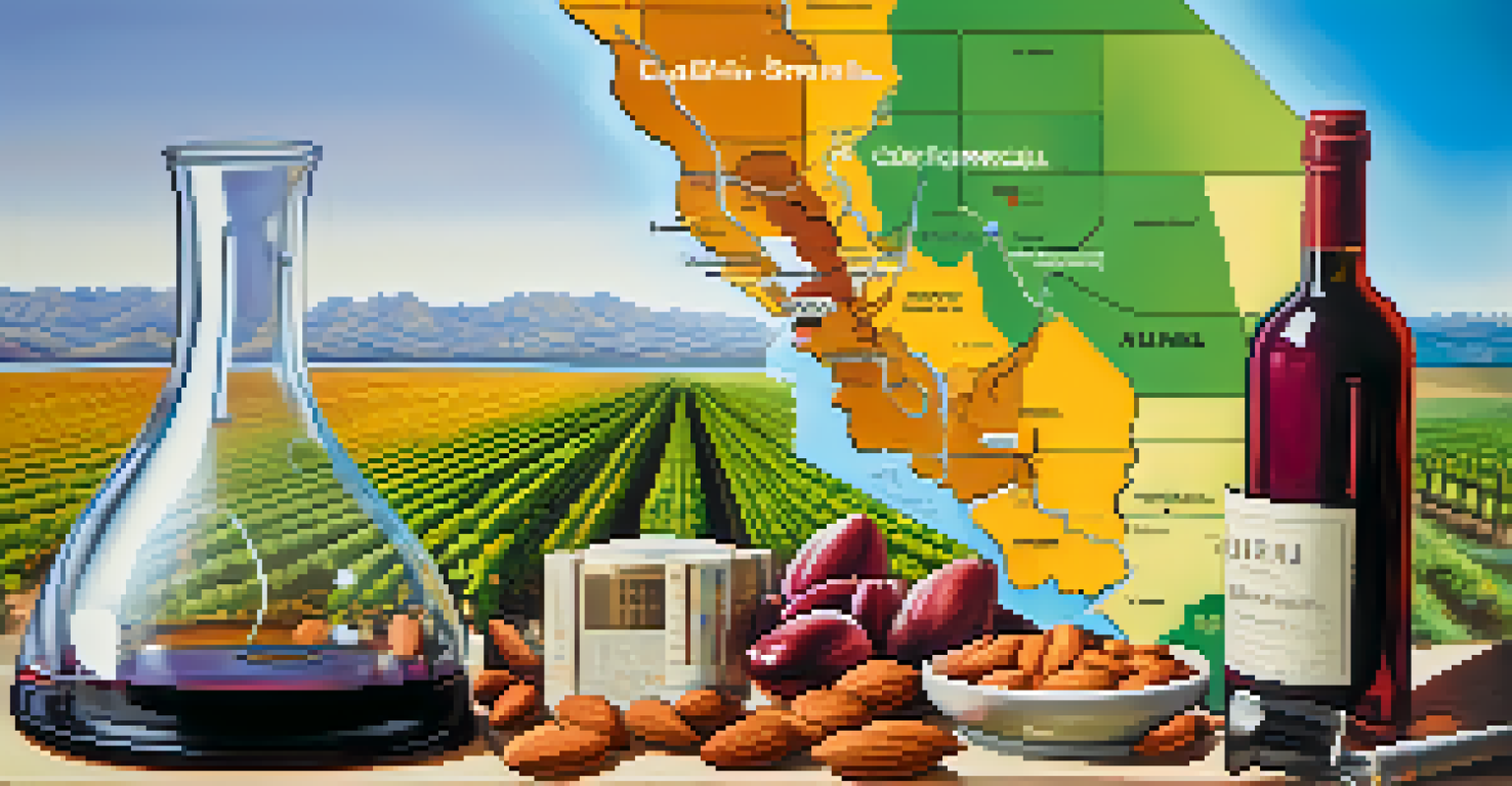 An illustrative image showing a scale balancing California's agricultural products and technology, with a colorful map of the state in the background.