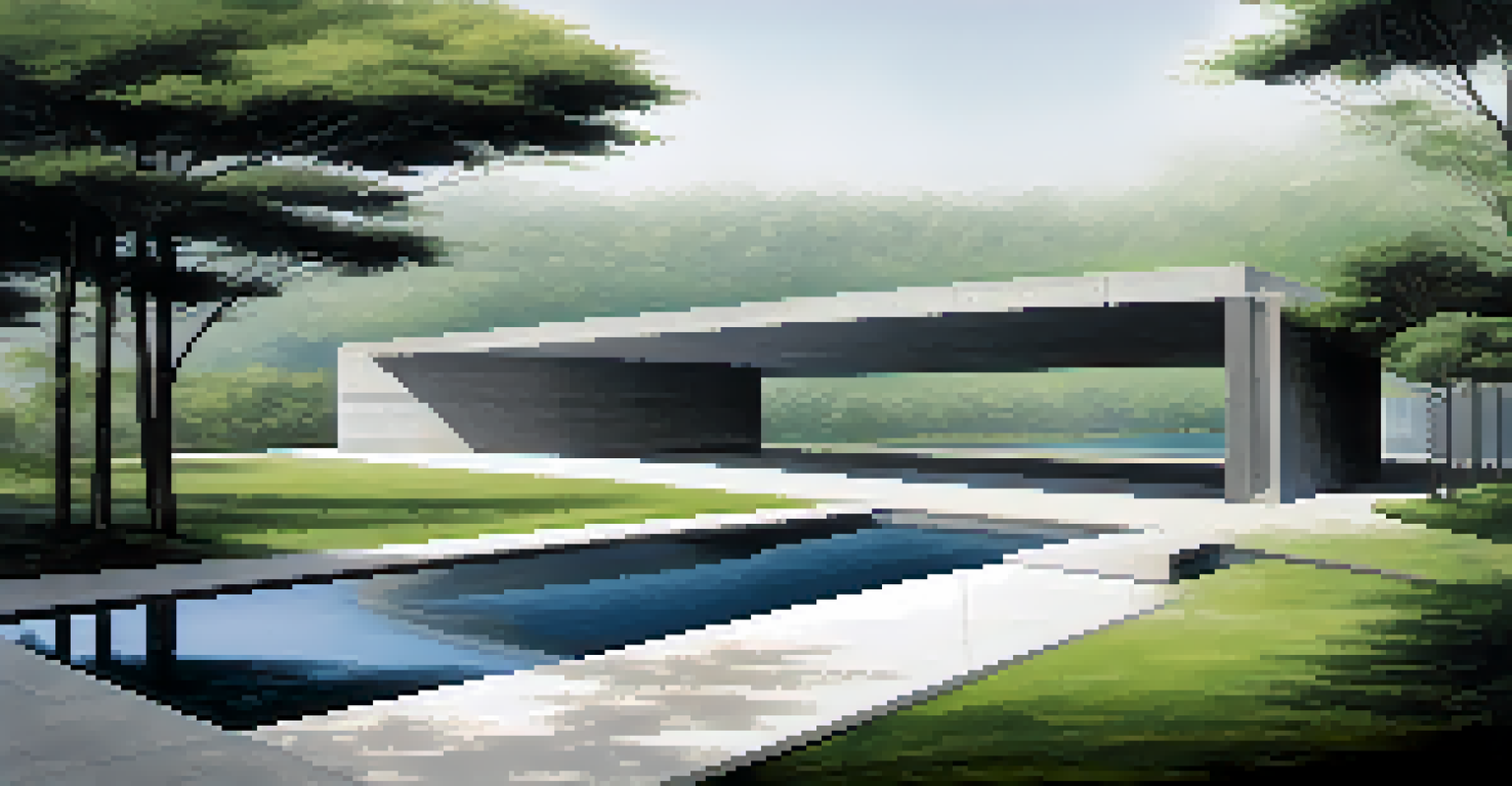 A minimalist concrete building designed by Tadao Ando, integrated into a coastal landscape with a water feature and surrounding greenery.