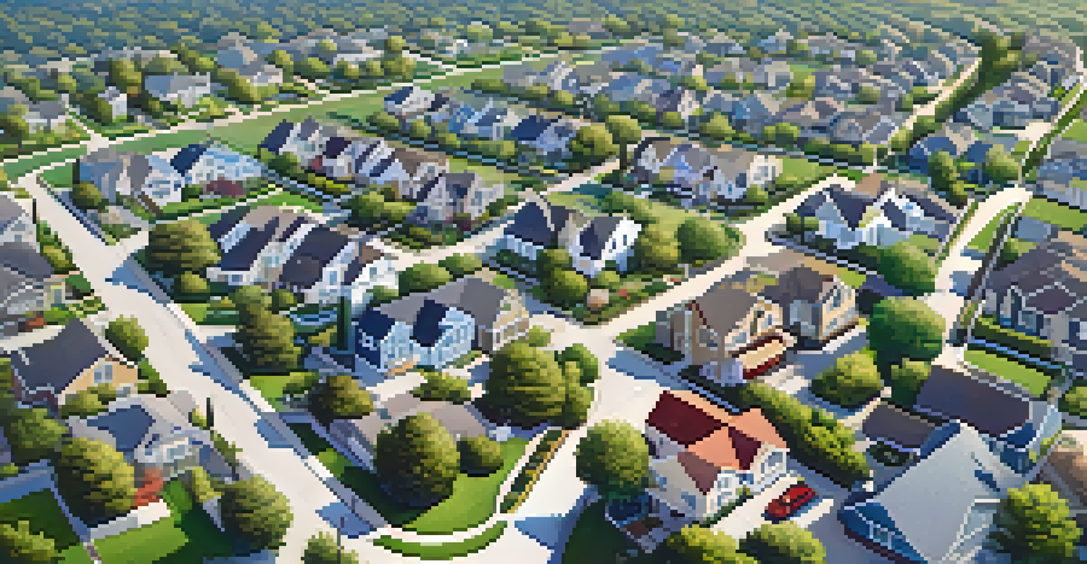 An aerial perspective of a suburban California neighborhood with houses and green spaces under a clear blue sky.