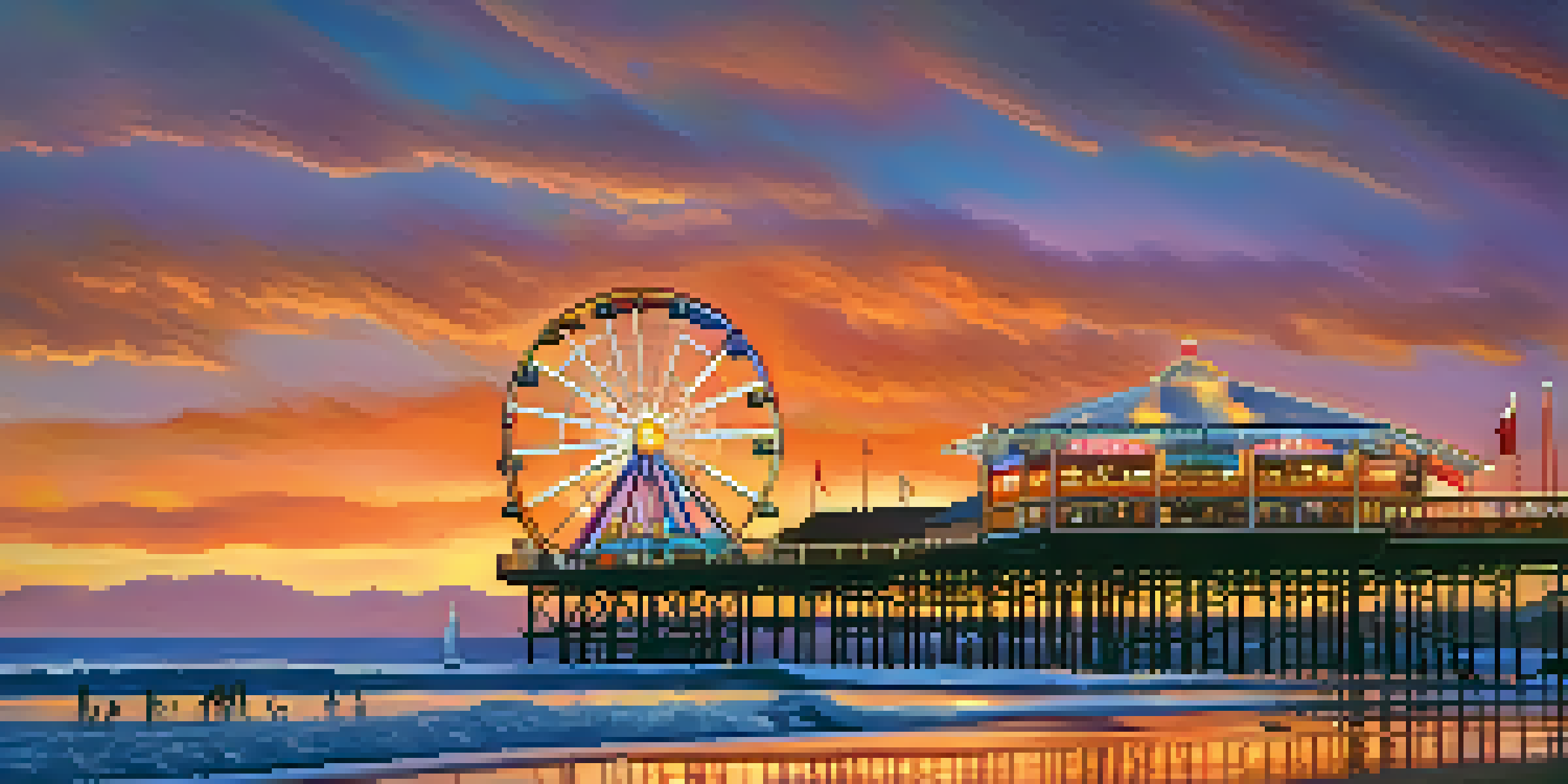A sunset view of Santa Monica Pier with a ferris wheel and people walking on the boardwalk.