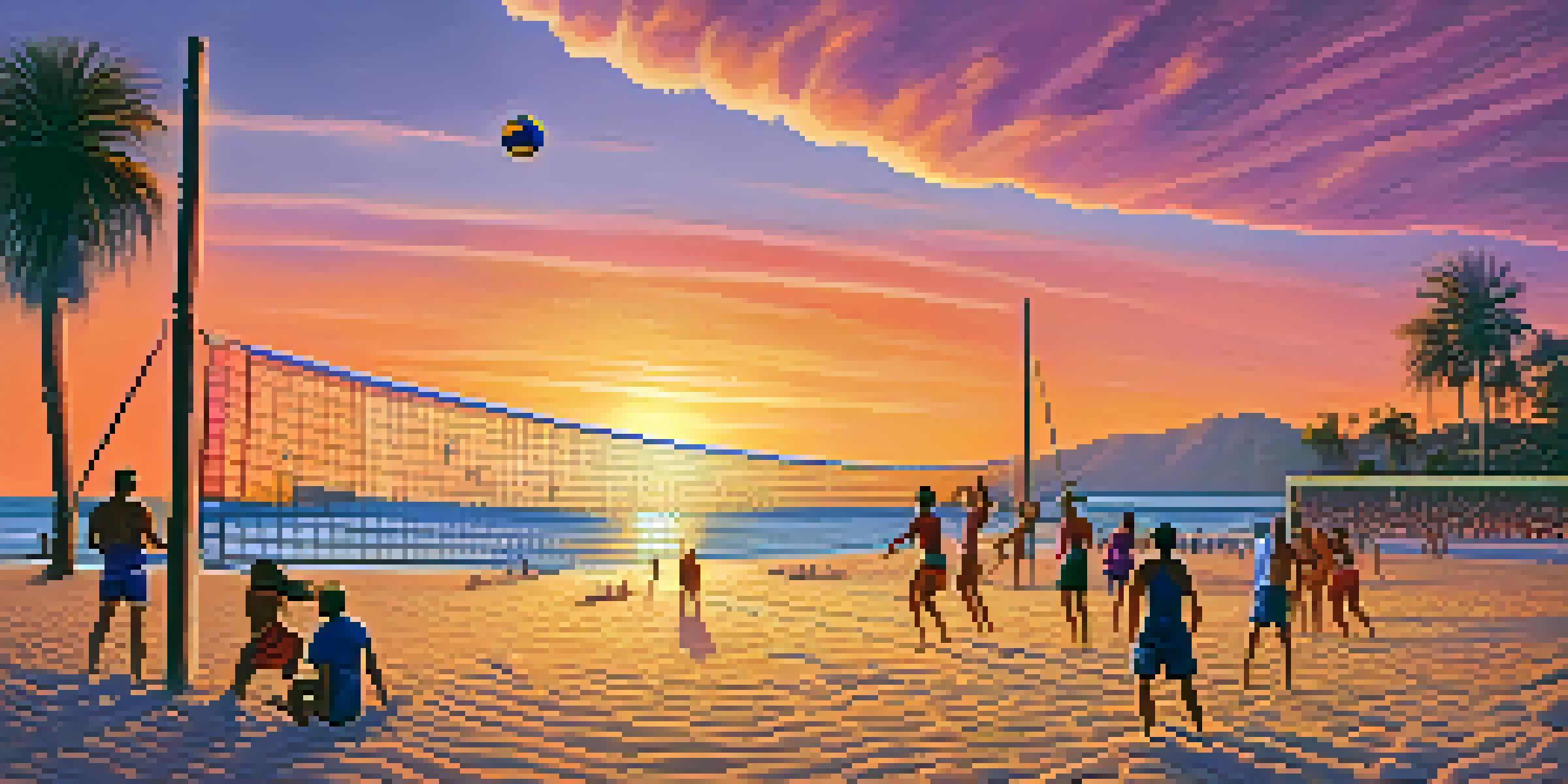 A sunset beach volleyball match with players diving for the ball, colorful athletic wear, and a cheering crowd.