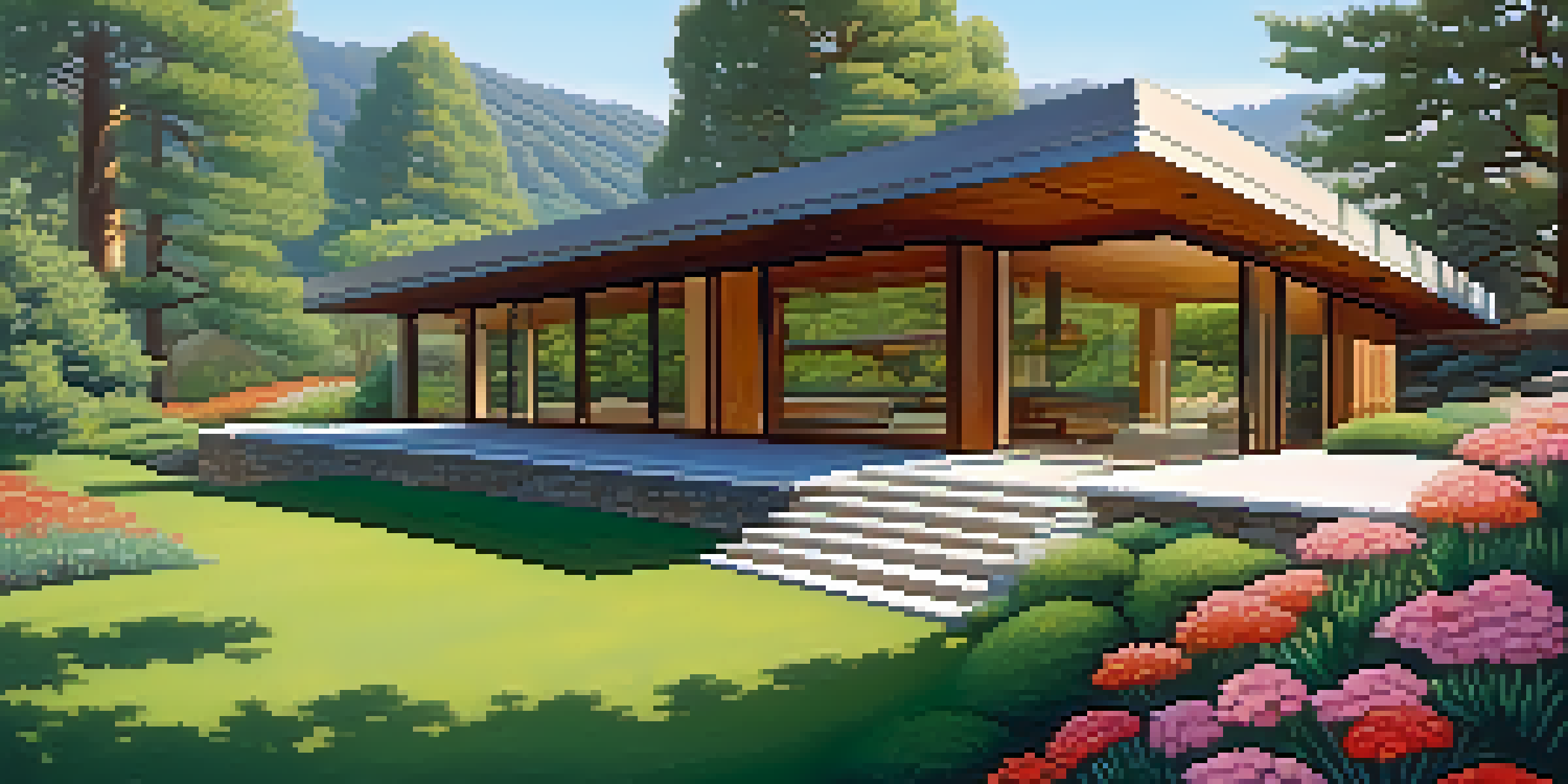 A modern house in California designed in the organic architecture style, surrounded by hills and wildflowers with sunlight filtering through the trees.