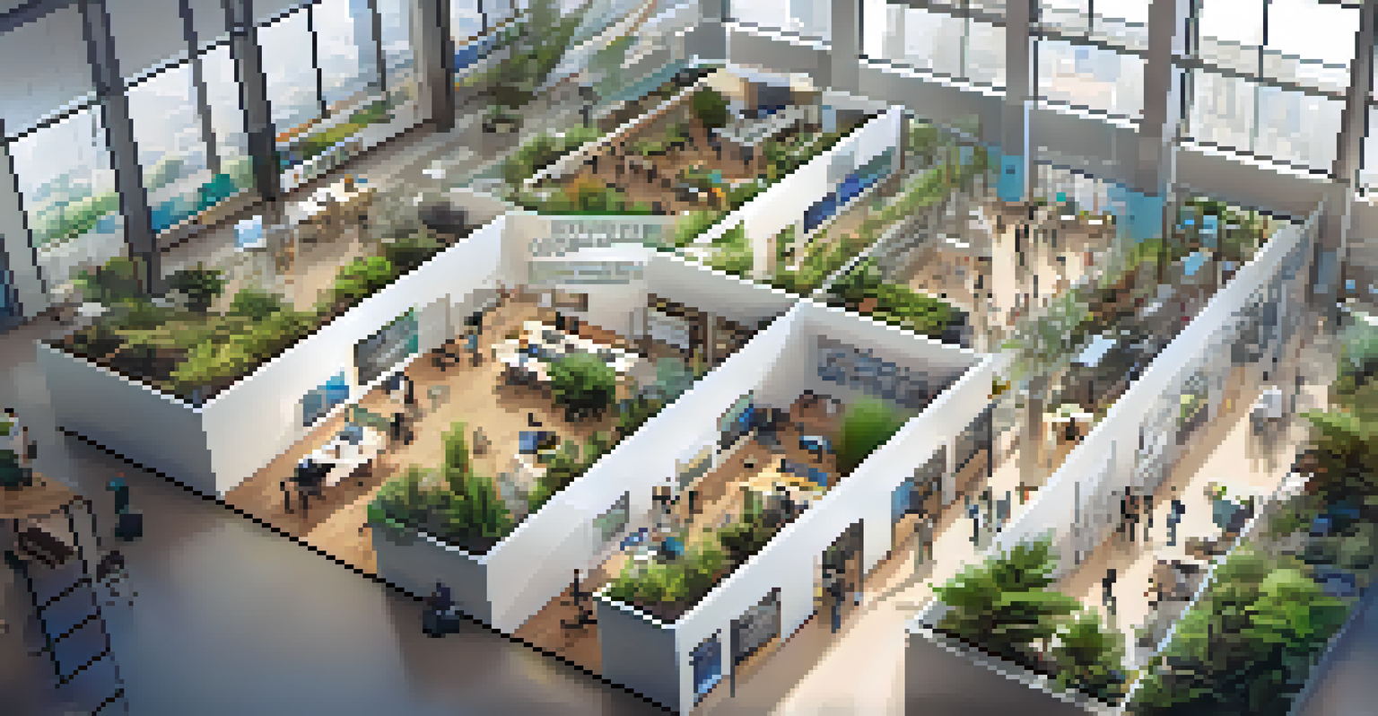 An aerial view of a vibrant tech incubator showing multiple startup teams working in a modern office environment filled with art and plants.