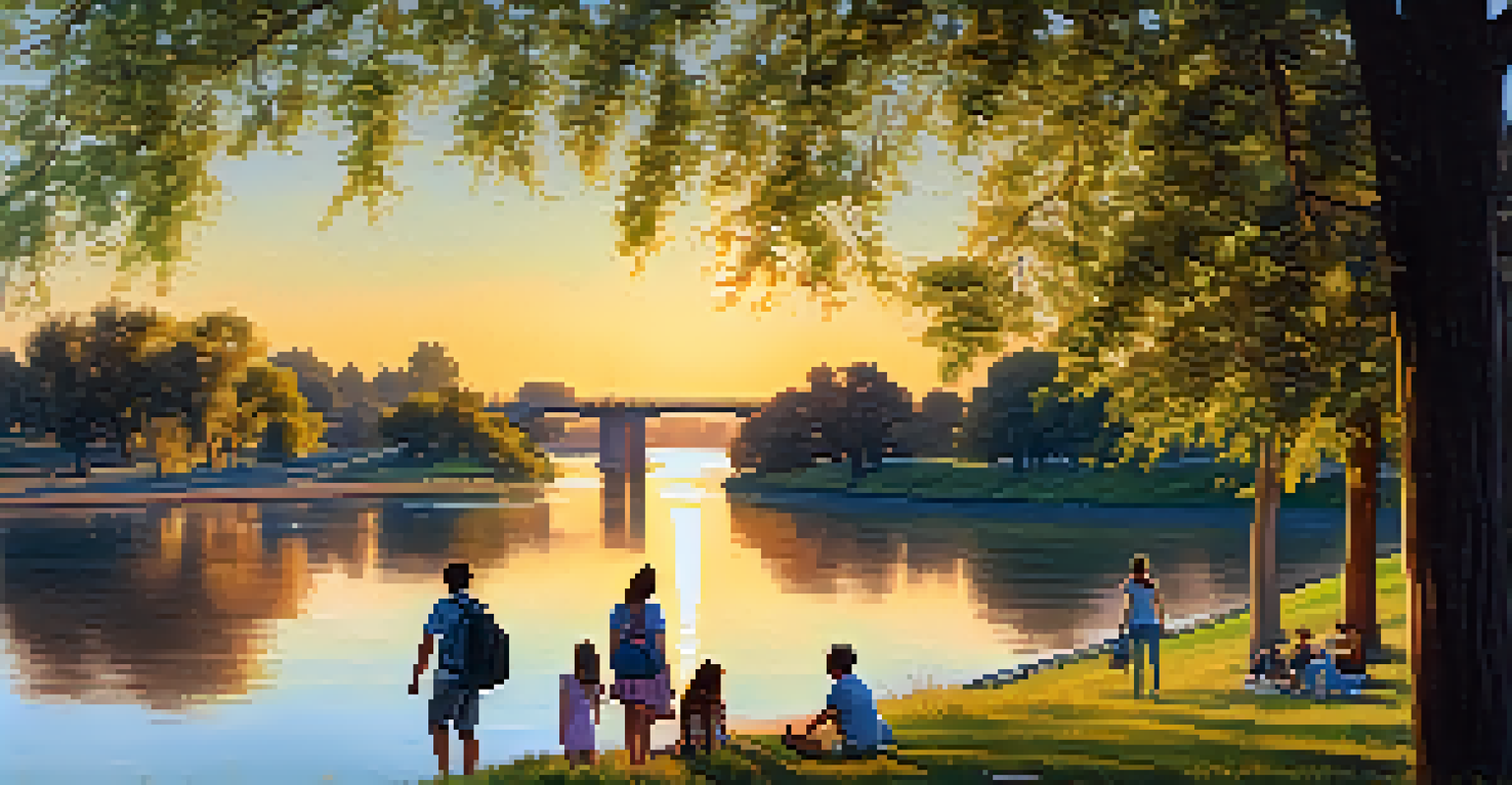 A family having a picnic by the Sacramento River at Riverside Park, with trees, walking paths, and a sunset in the background.