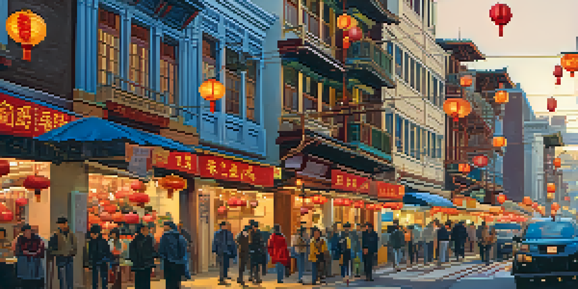 A bustling street in San Francisco's Chinatown filled with colorful lanterns and traditional architecture, featuring diverse people enjoying street food.