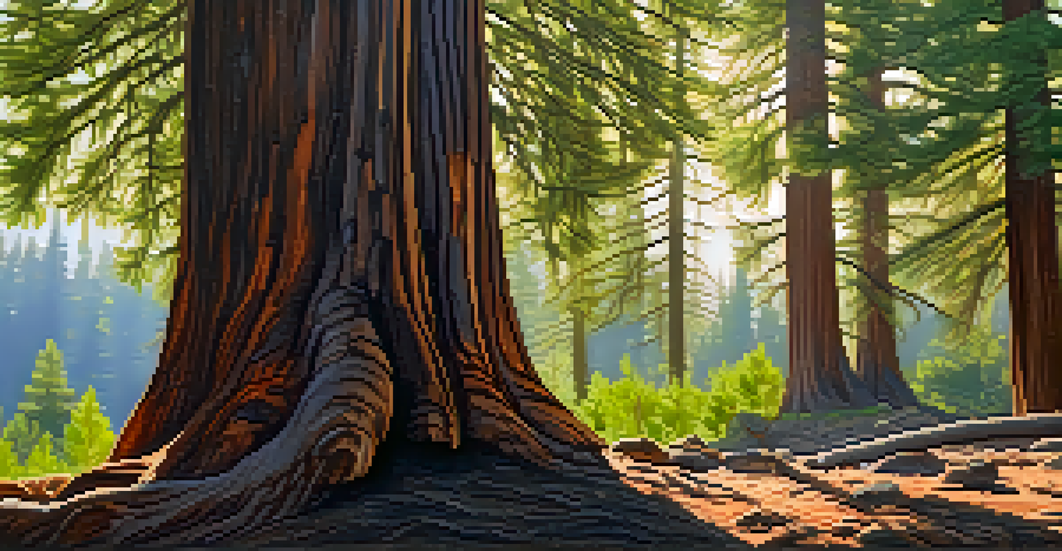 Close-up of a scorched giant sequoia tree showing new green growth at its base, with sunlight filtering through the leaves.