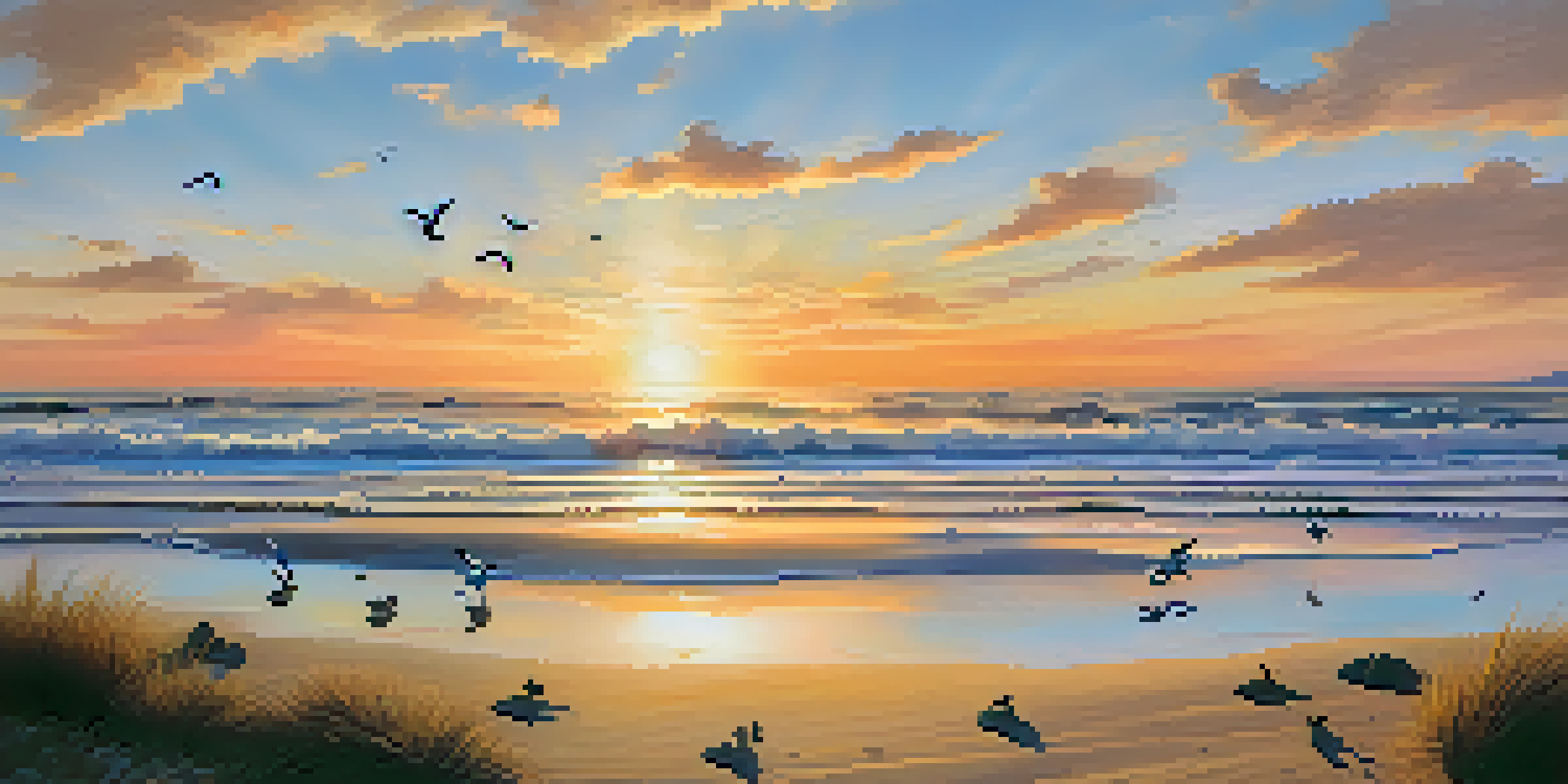 A picturesque sunset over a California beach with gentle waves and seagulls flying, emphasizing the natural beauty of the coastline.