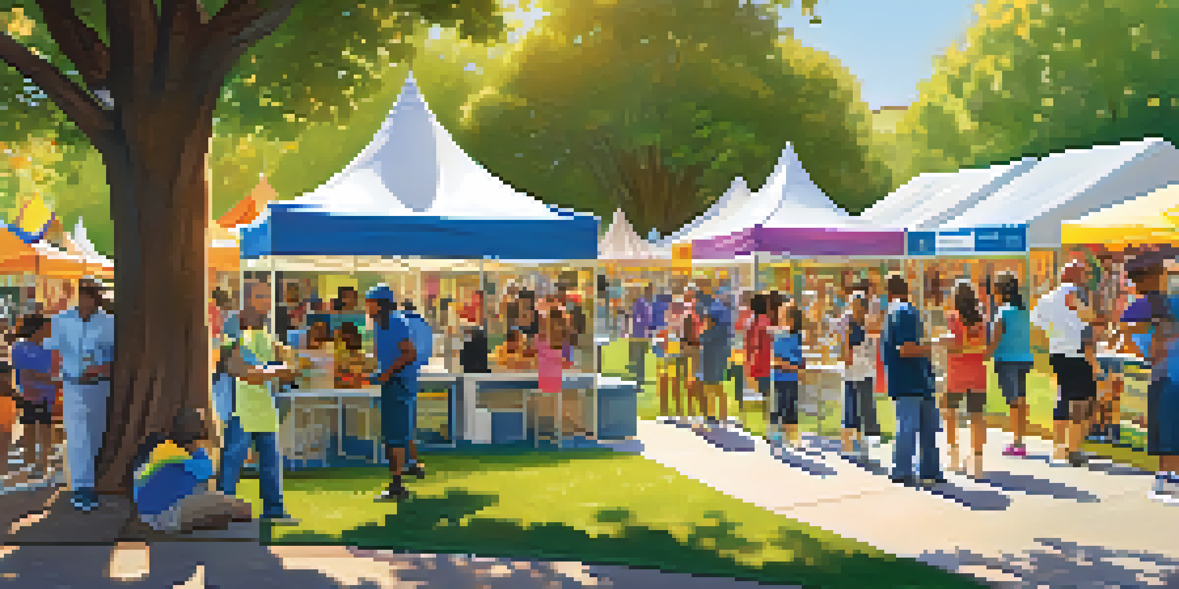 A lively community health fair in a California park with families interacting at health booths and children playing, under a sunny sky.