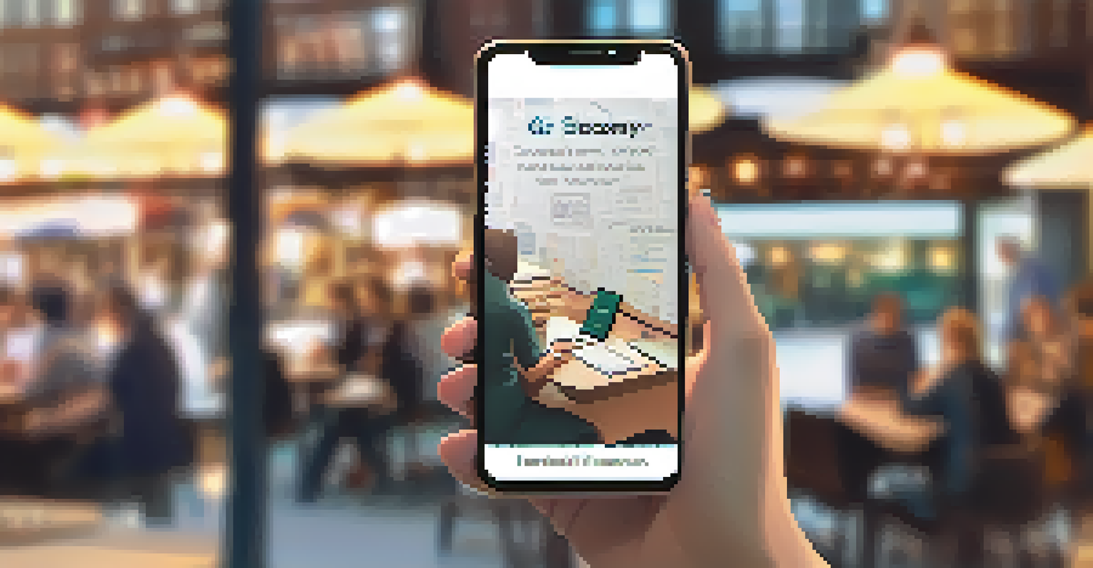 A smartphone showing gig economy apps on a table in a café, with a notepad and pen, and blurred figures of people working in the background.
