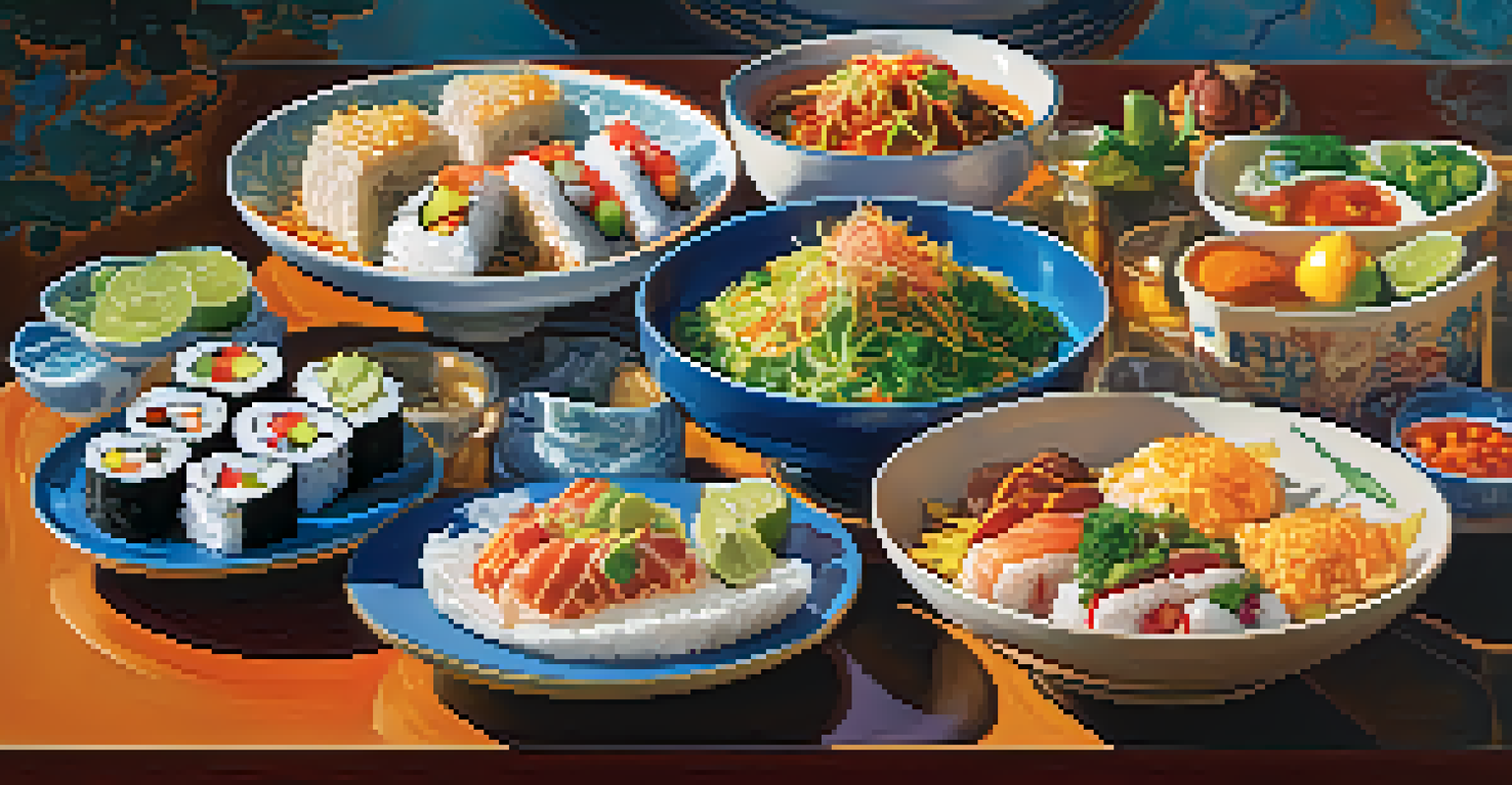 A beautifully arranged table showcasing a variety of fusion dishes from different cultures, highlighting California's culinary diversity.