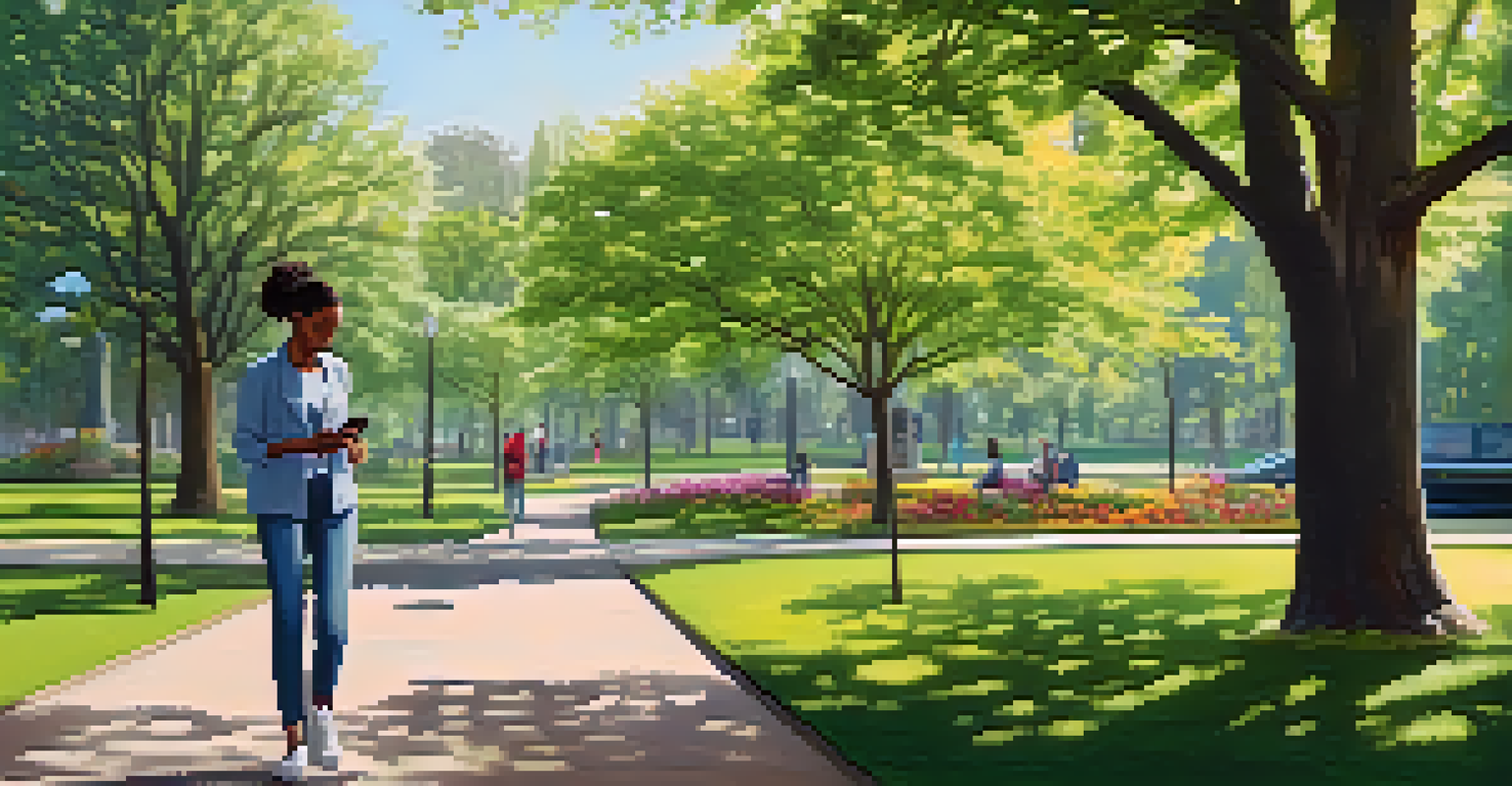 A person walking in a park, talking on a mobile phone during a telehealth consultation, surrounded by vibrant greenery and flowers.
