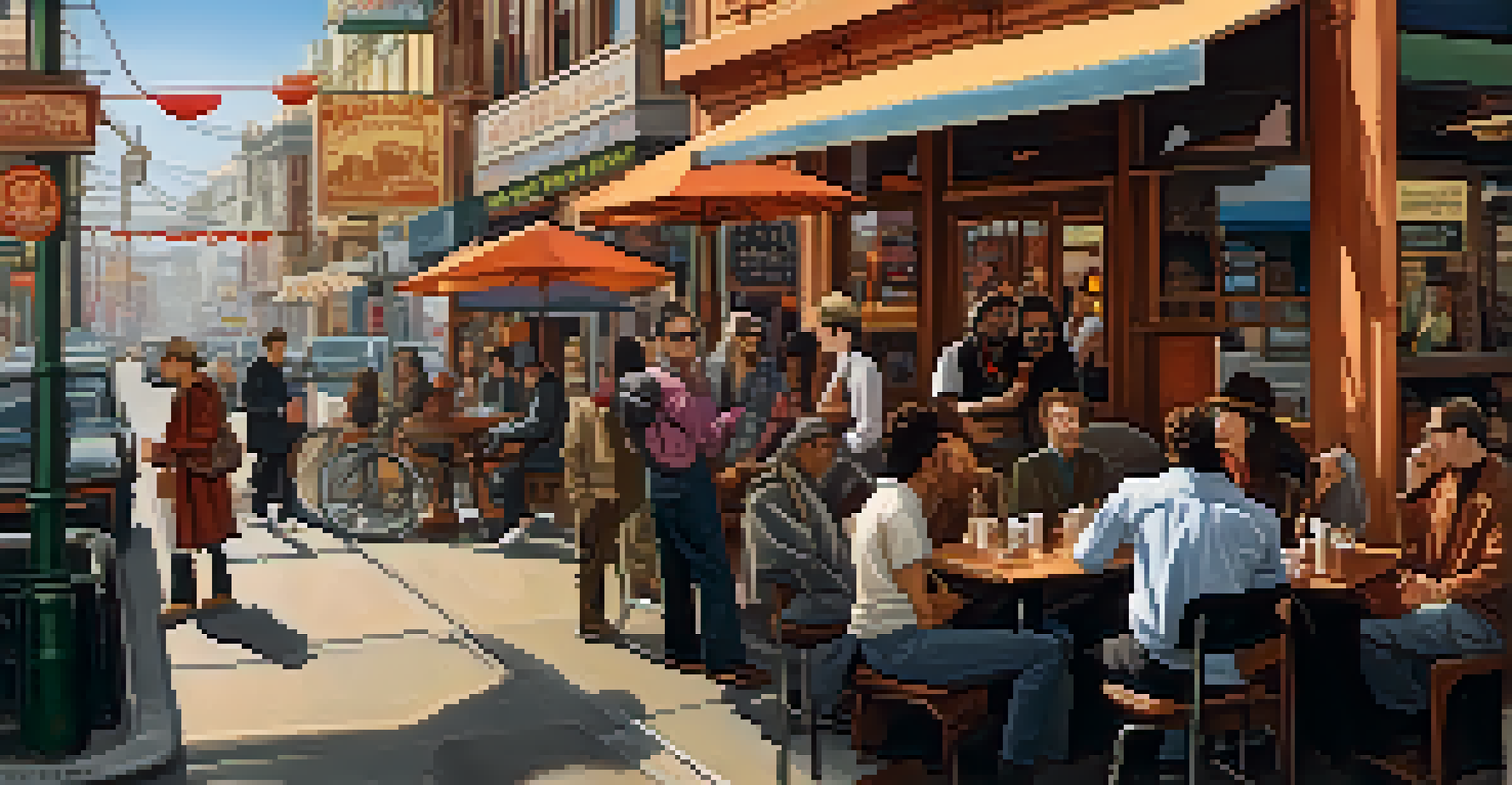 A lively café scene with artists and poets in San Francisco, reflecting the Beat Generation's creative spirit.