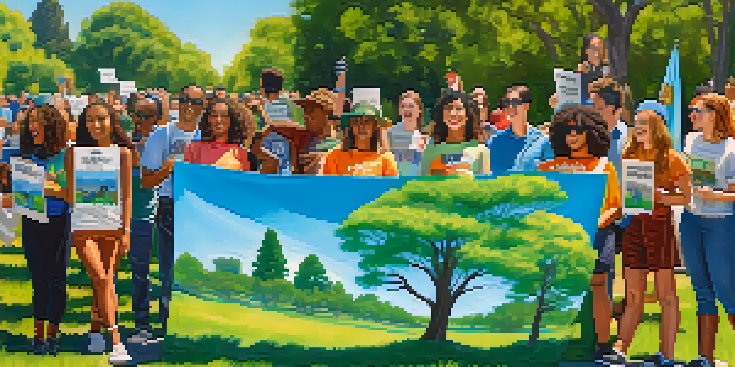 A diverse group of young activists in a park, holding colorful banners for environmental sustainability under a clear blue sky.