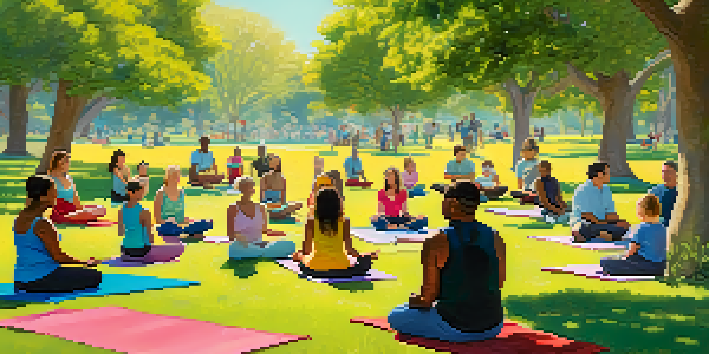 A peaceful California park with people practicing yoga, having picnics, and participating in a support group, surrounded by flowers and trees.