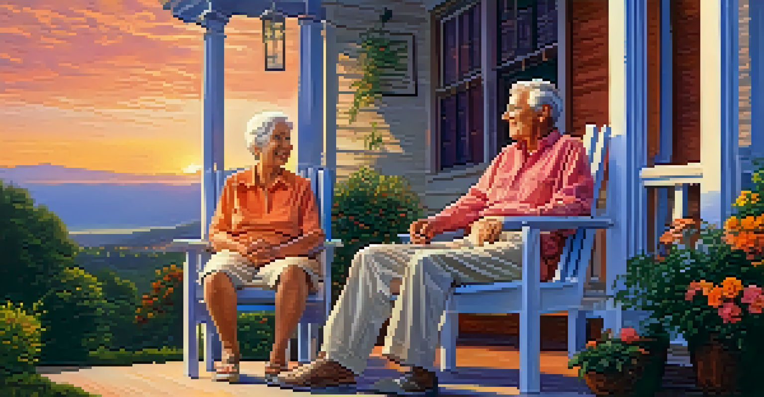 An elderly couple holding hands on a porch, watching a colorful sunset with potted plants around them.