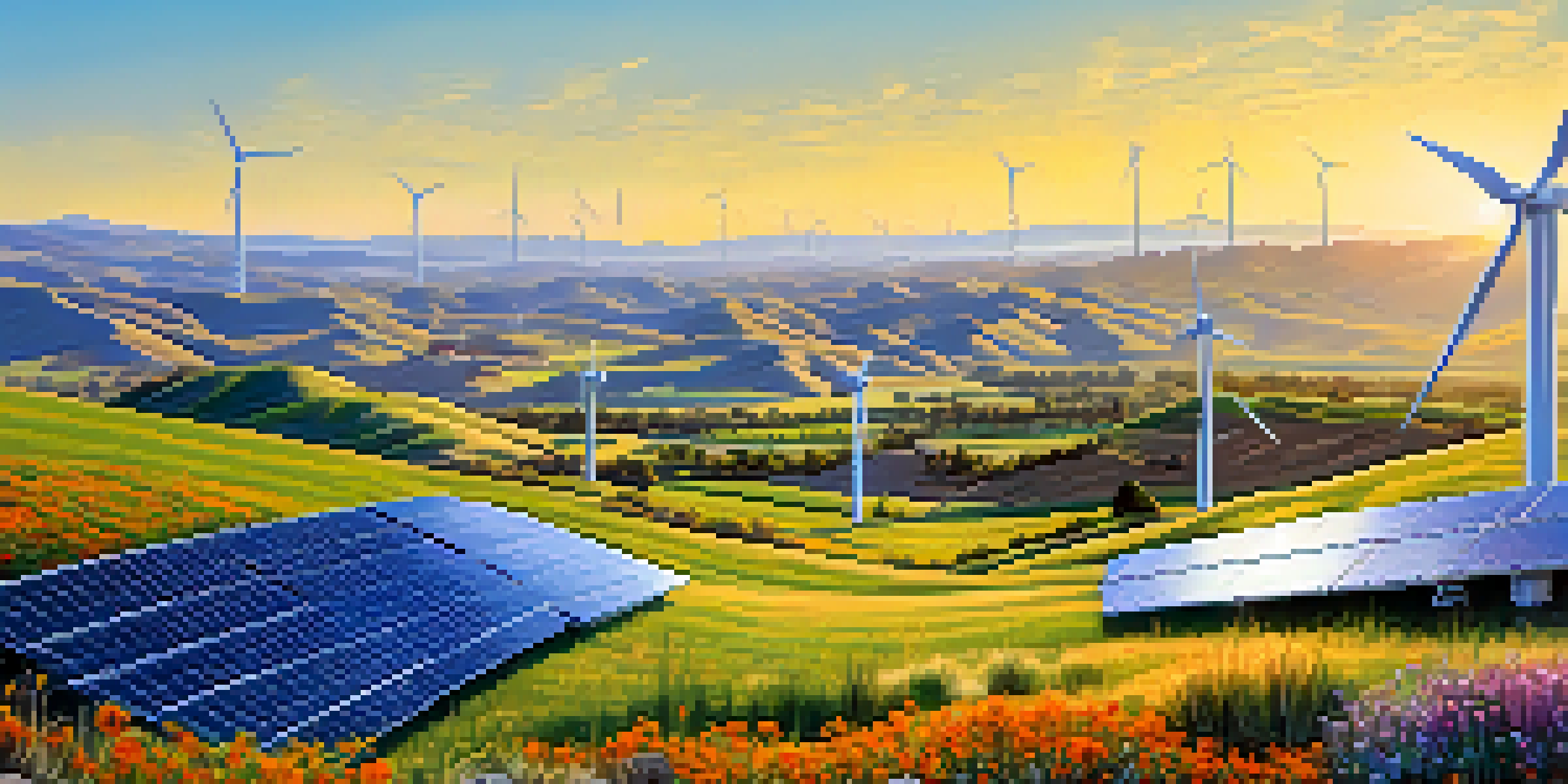 A wide view of California's landscape with solar panels and wind turbines, featuring a modern energy storage facility in the foreground.