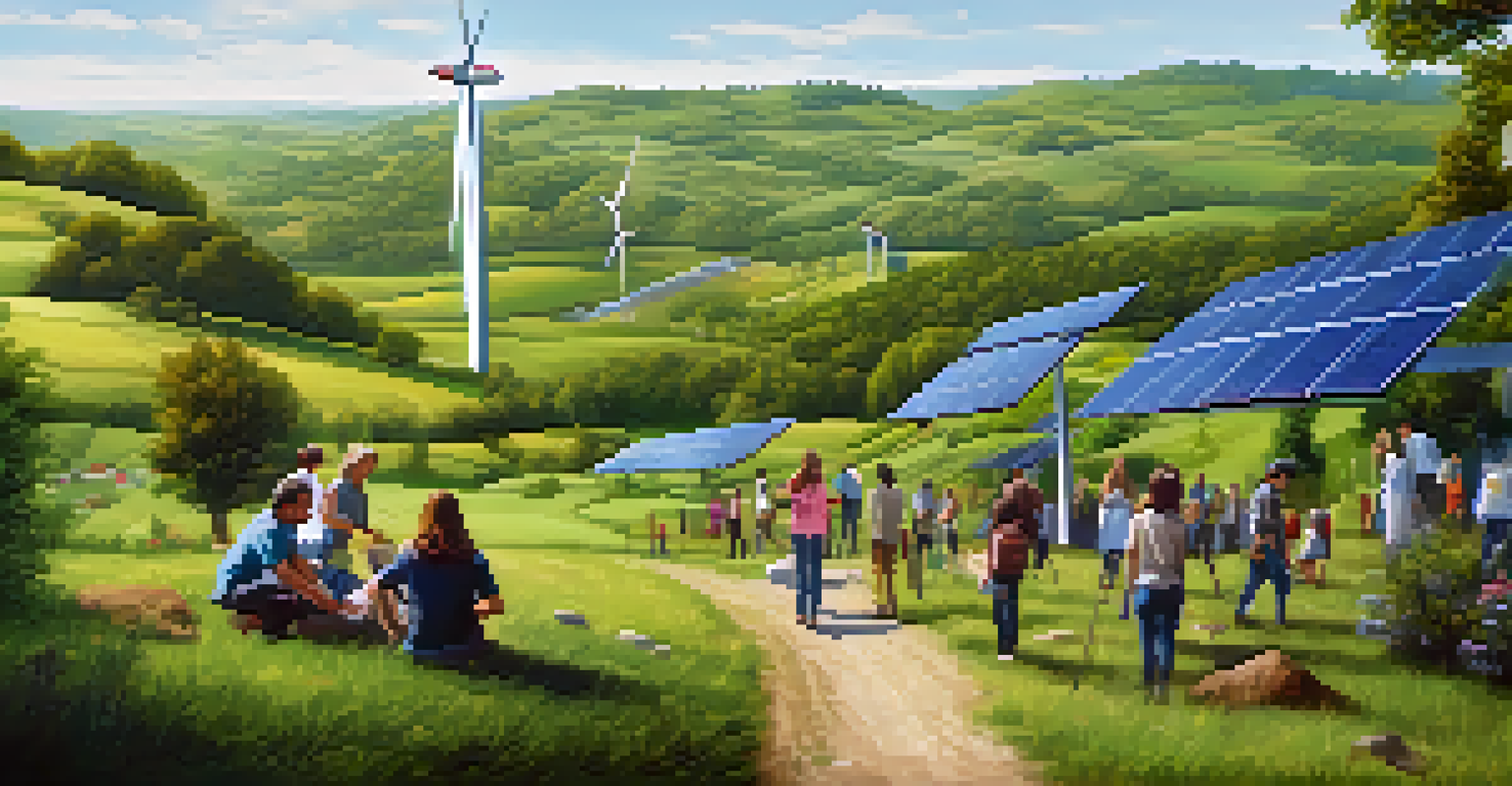 A peaceful landscape with solar panels and wind turbines, where people are planting trees, representing sustainability and community efforts.