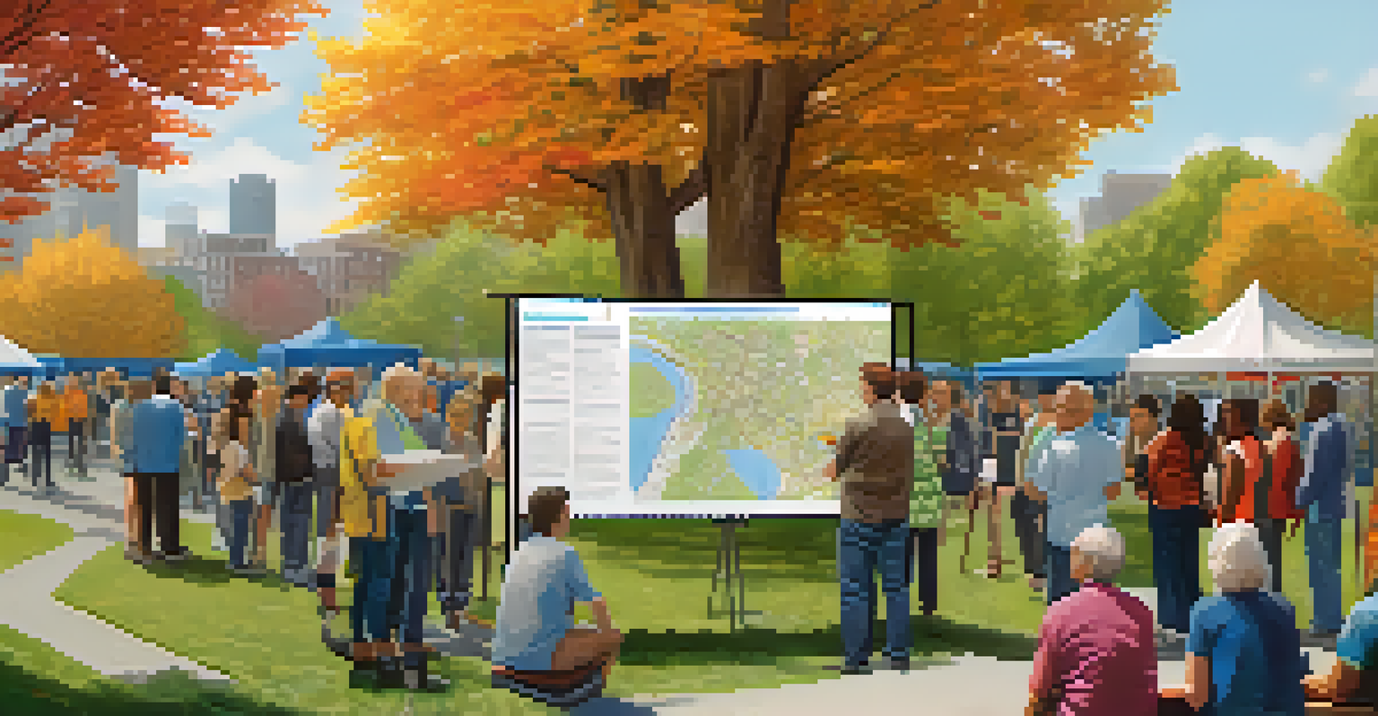 A community engagement meeting in a park with diverse residents discussing bus routes with transit authorities.
