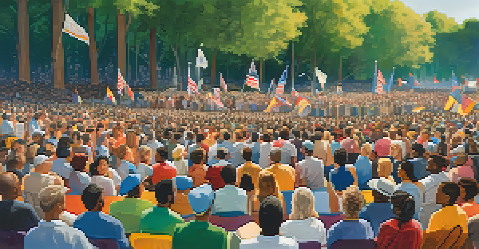 A diverse crowd gathered at an outdoor rally, listening to a speaker with banners and flags.