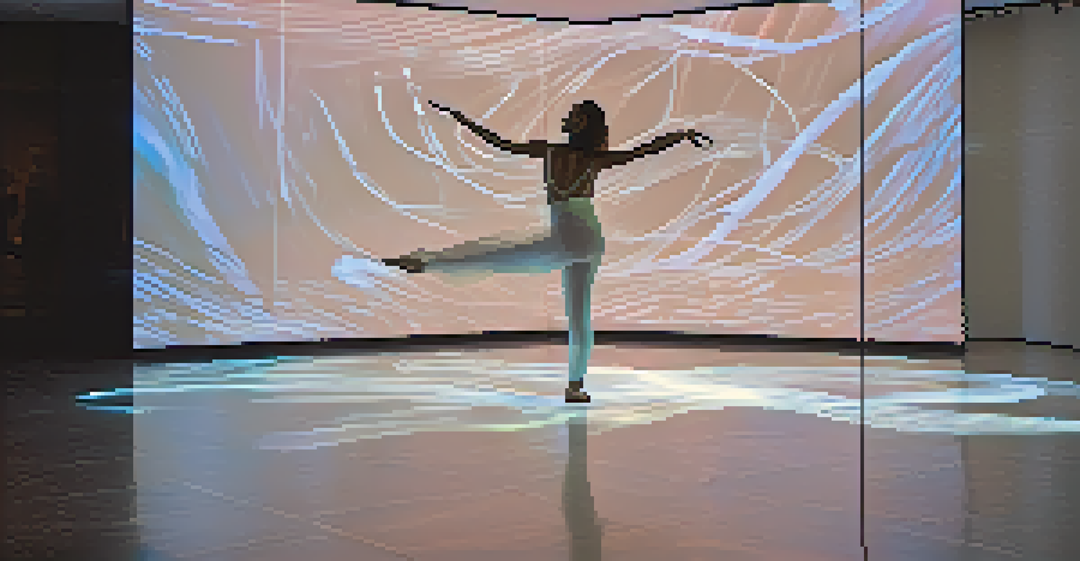 A dancer performing in a modern art gallery, surrounded by digital projections, wearing a translucent outfit that harmonizes with the light.