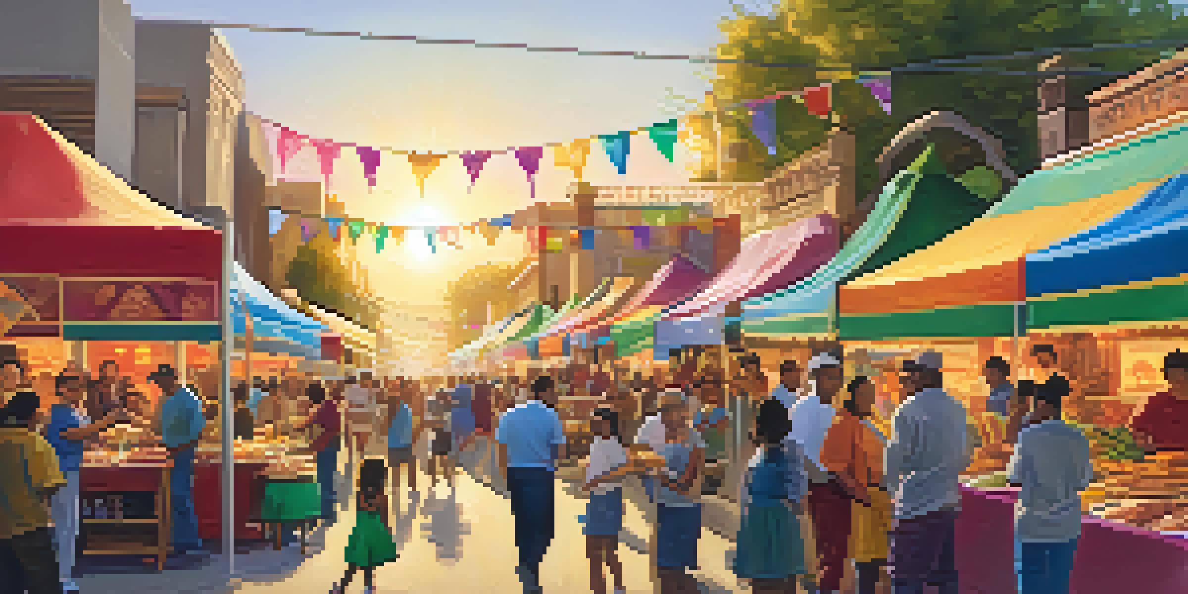A colorful street scene in California with diverse people enjoying a community event, decorated with banners and food stalls under a golden sunset.
