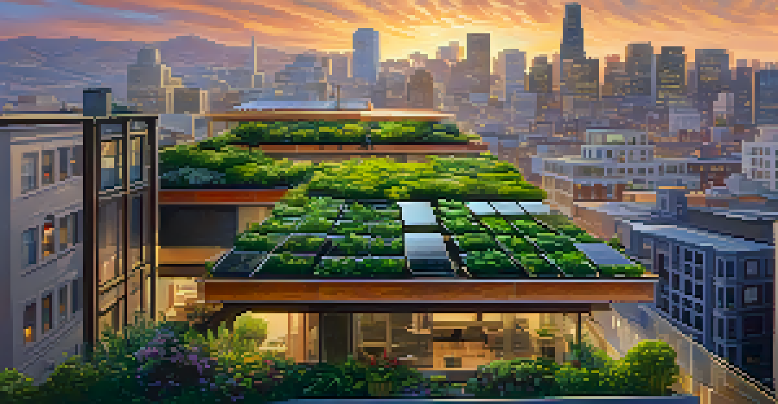 A sunset view of San Francisco’s skyline showcasing green architecture with solar panels and vertical gardens among modern buildings.