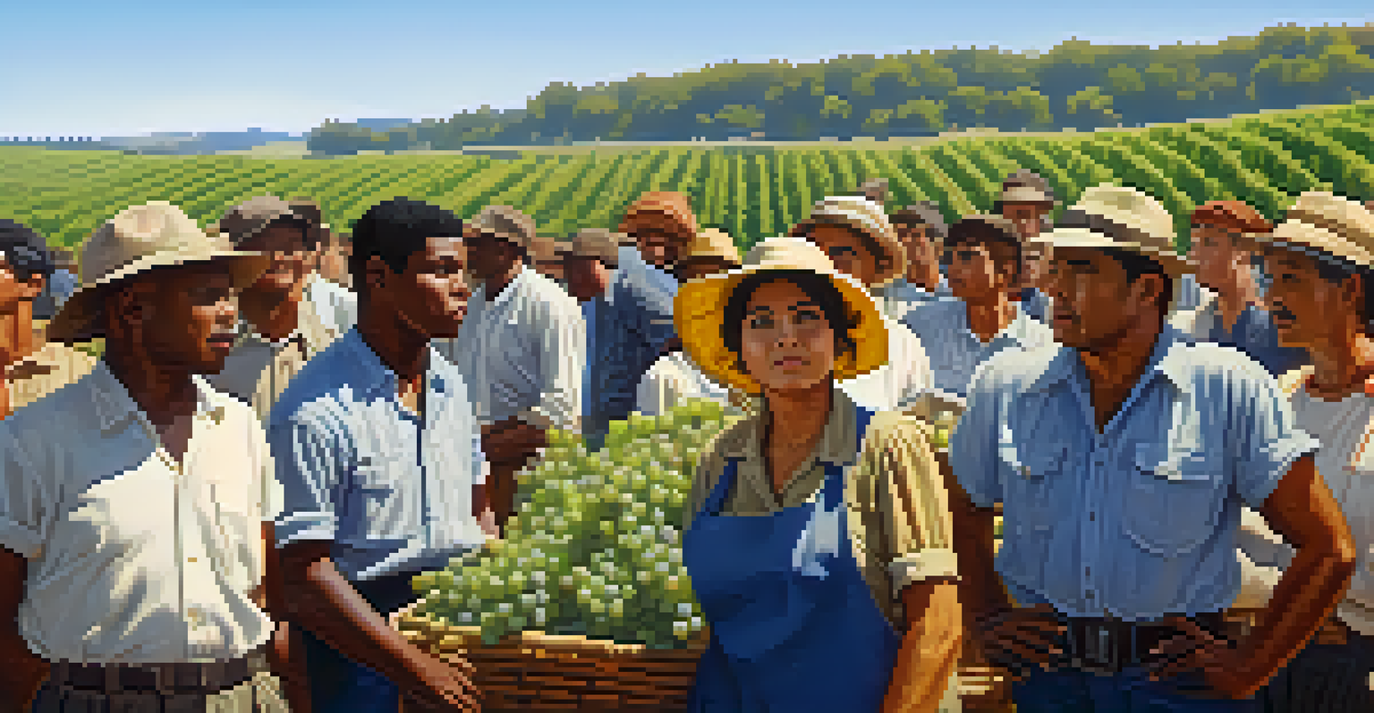 A historical scene of diverse farm workers gathered in a field during the Delano grape strike, holding protest signs against a backdrop of grapevines.