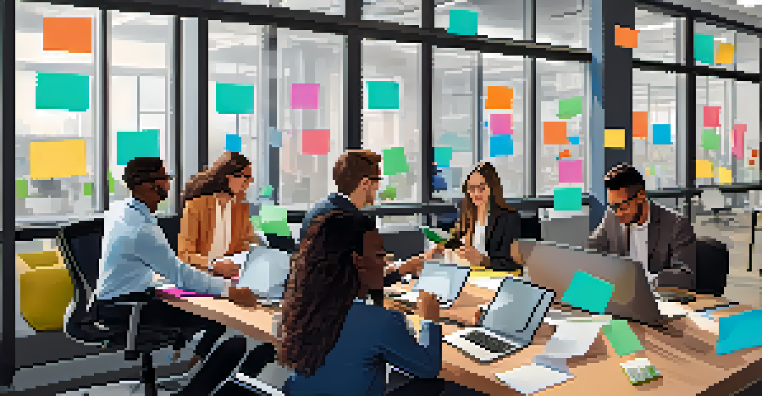 A diverse group of young professionals working together in a bright, modern office, surrounded by technology and collaborative tools.