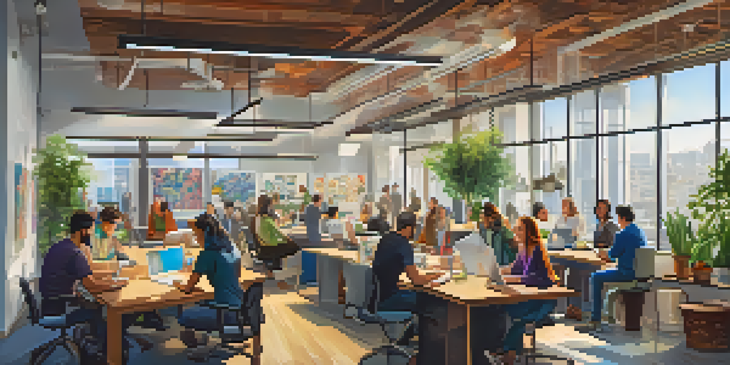 A diverse group of employees collaborating in a bright and colorful startup office with large windows and plants.