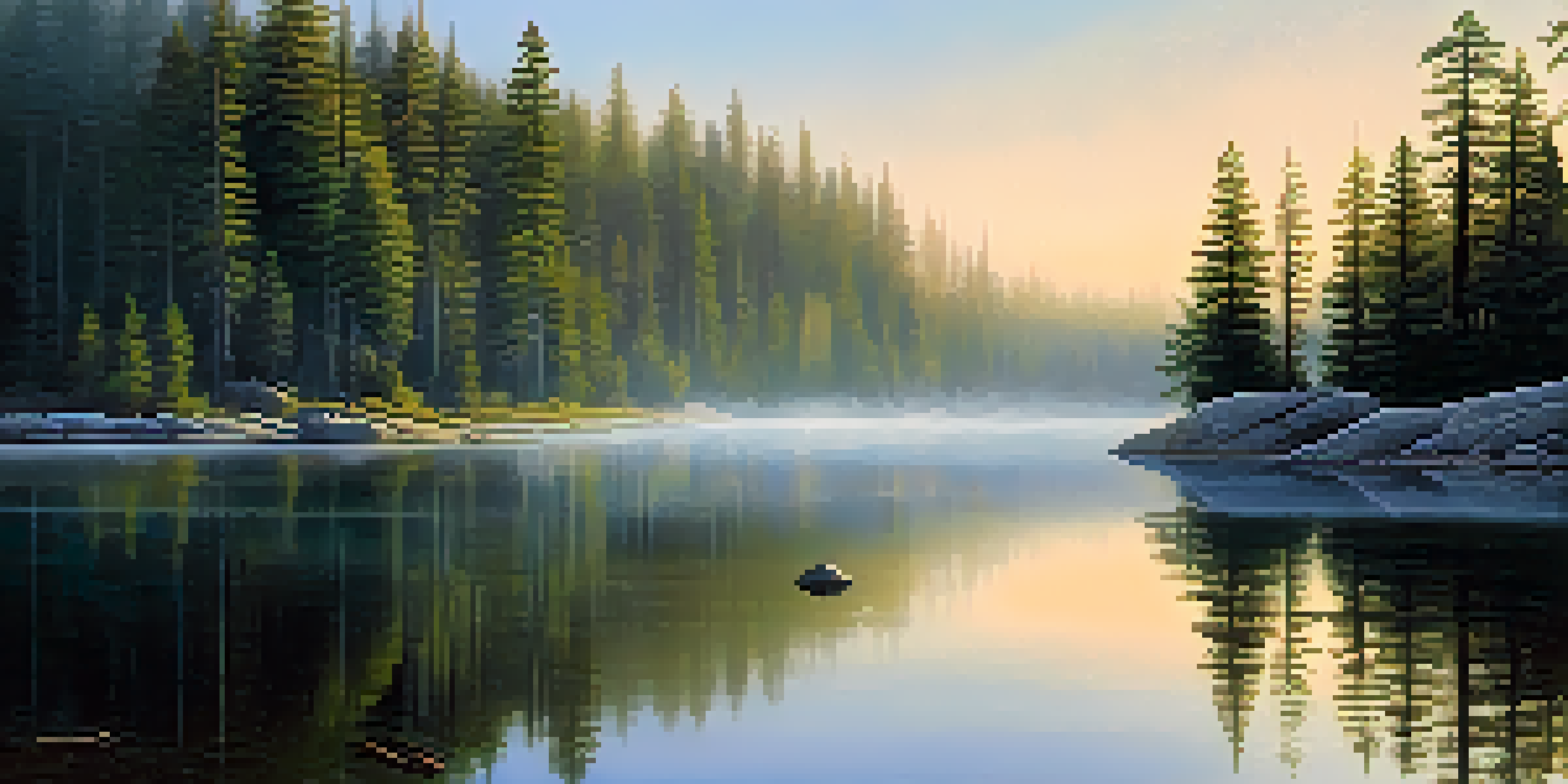 Mirror Lake at dawn reflecting granite cliffs and trees in a foggy setting.