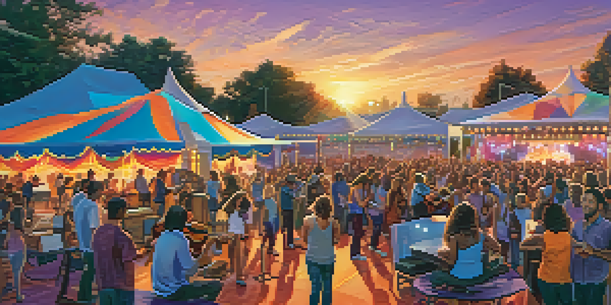 A lively outdoor music festival with diverse musicians performing under a colorful sunset, surrounded by families enjoying the event.