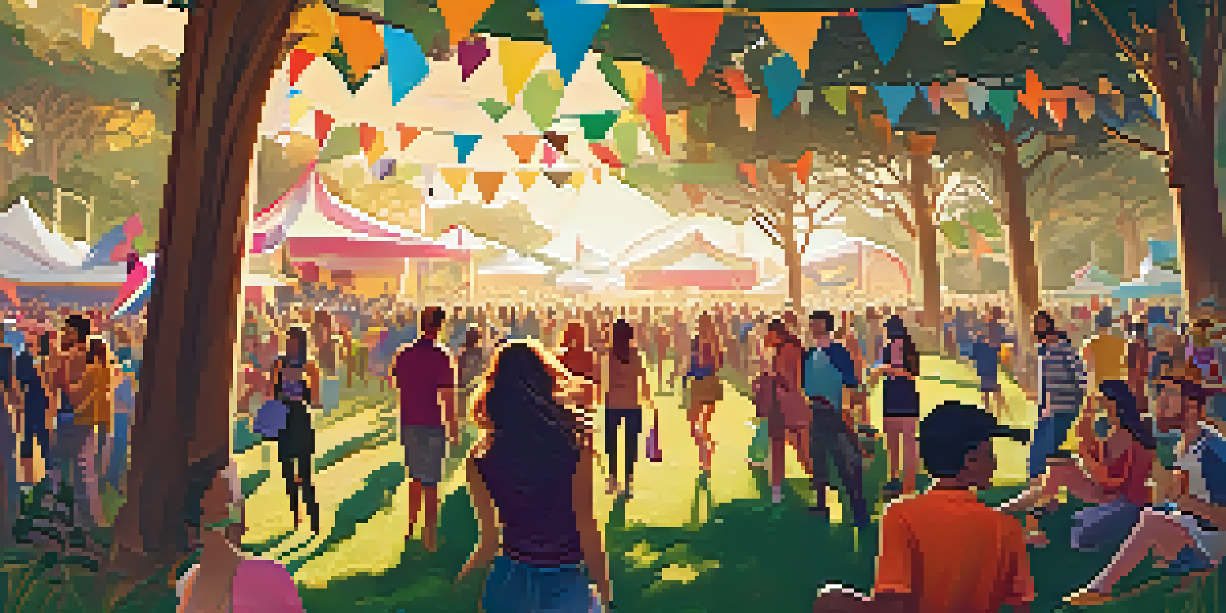 A lively outdoor music festival scene with a diverse crowd enjoying performances in a park, colorful flags, and a warm sunset.