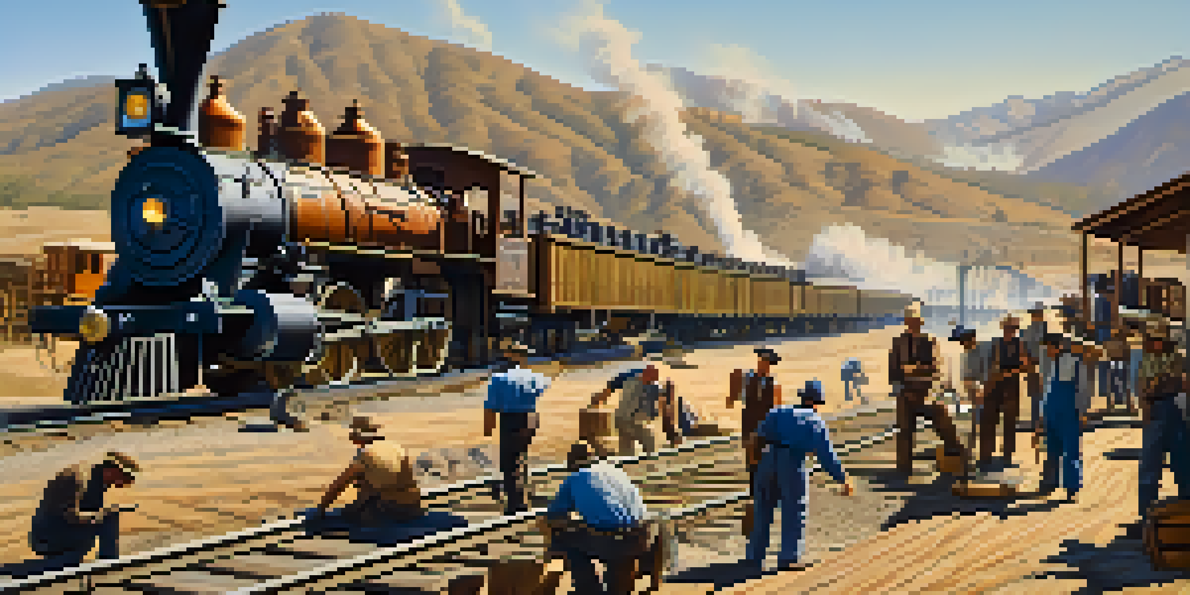 A historical depiction of 19th-century railroad construction in California, showing workers and steam locomotives against the Sierra Nevada mountains.