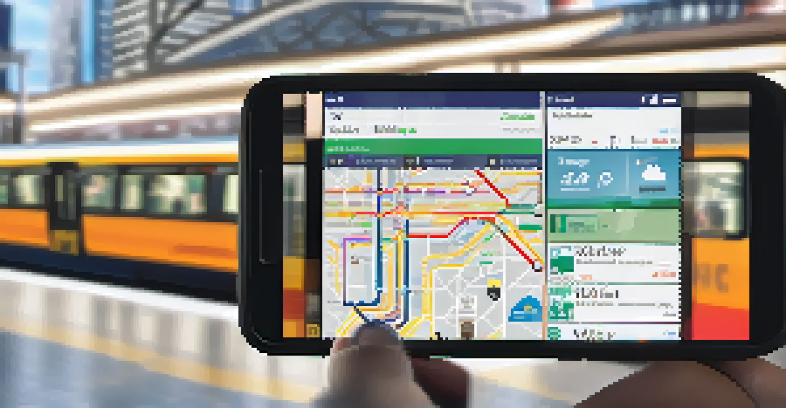 A mobile phone displaying a public transportation app at a bustling train station.