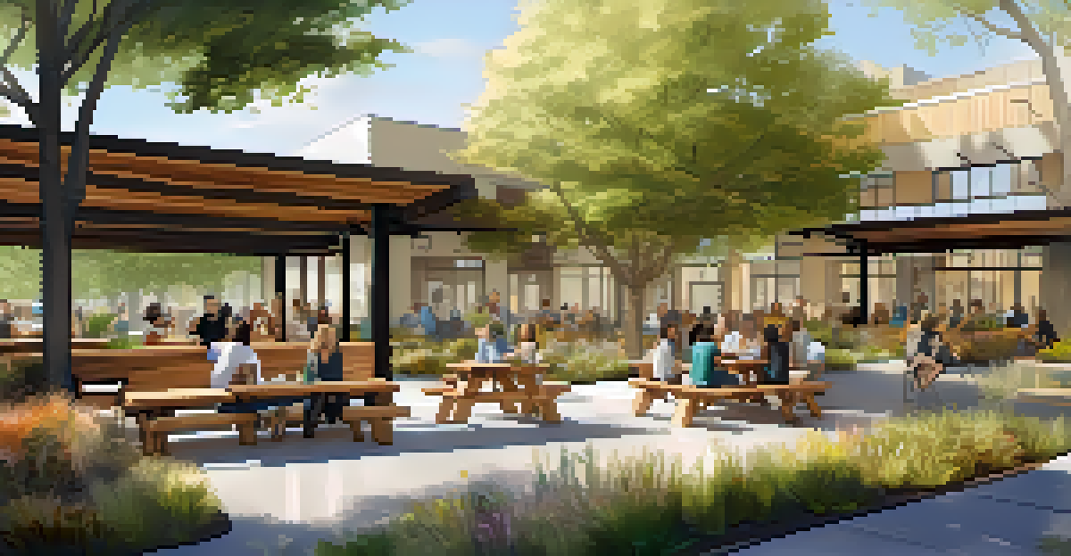 A vibrant community space with reclaimed wood seating and native plants, filled with residents interacting under the shade of trees in the afternoon sun.