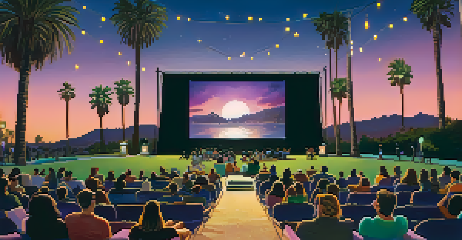 An outdoor film screening at the Los Angeles Film Festival with an audience seated on blankets under a twilight sky.