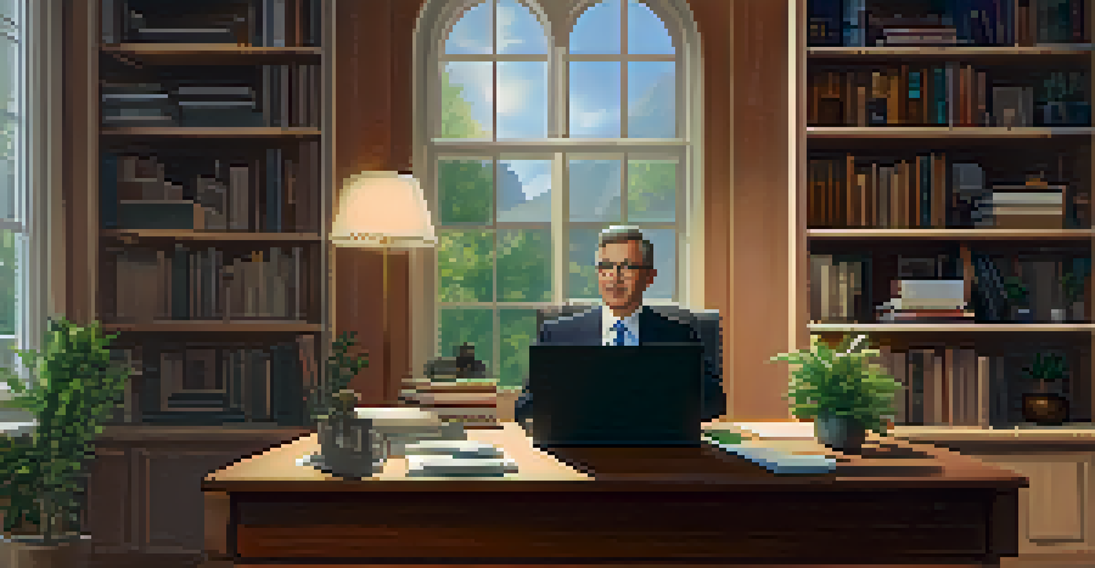 A politician engaging with viewers on a laptop screen during a live stream in a cozy home office.