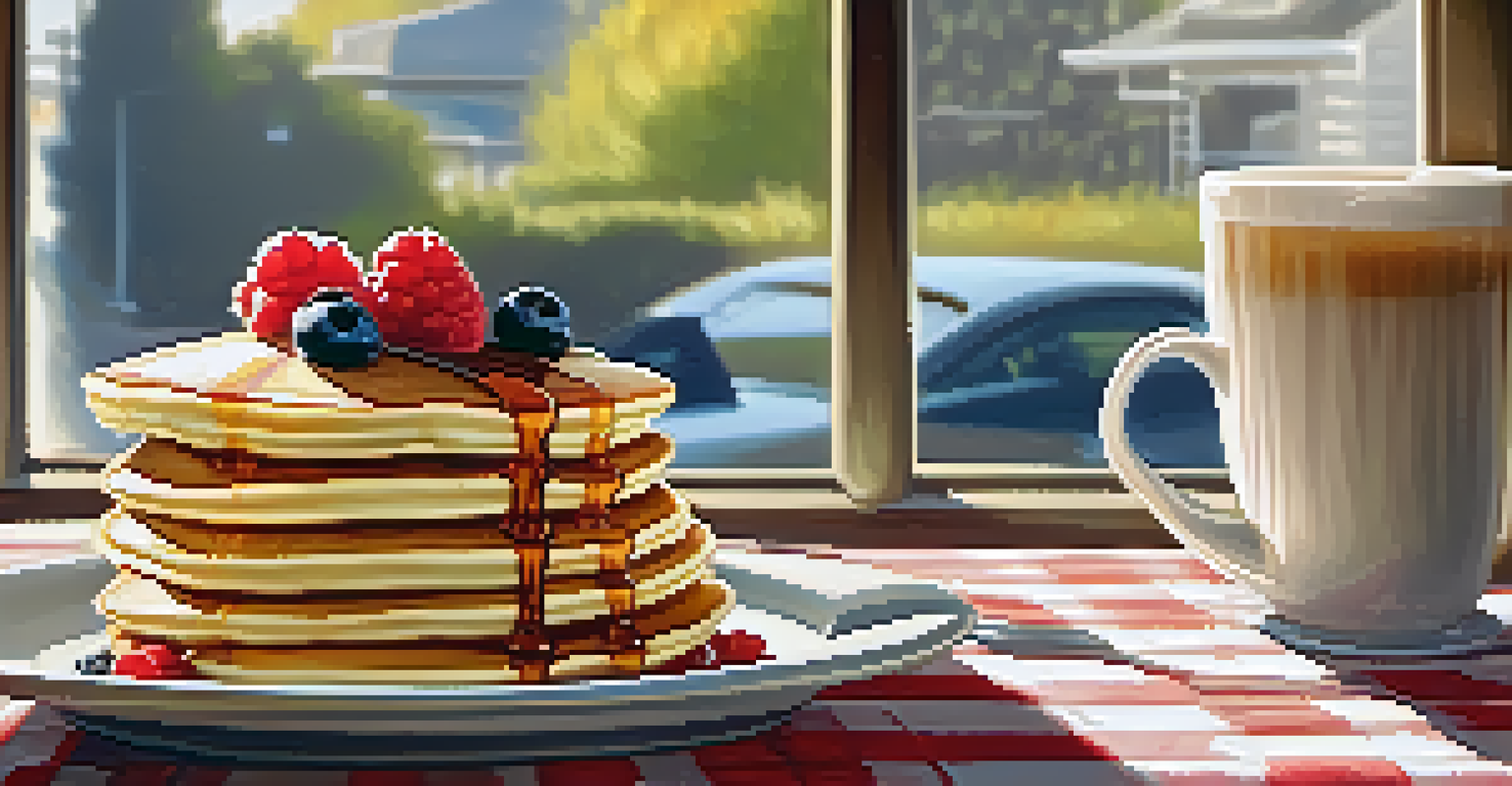 A close-up of fluffy pancakes topped with syrup and berries on a classic diner table.