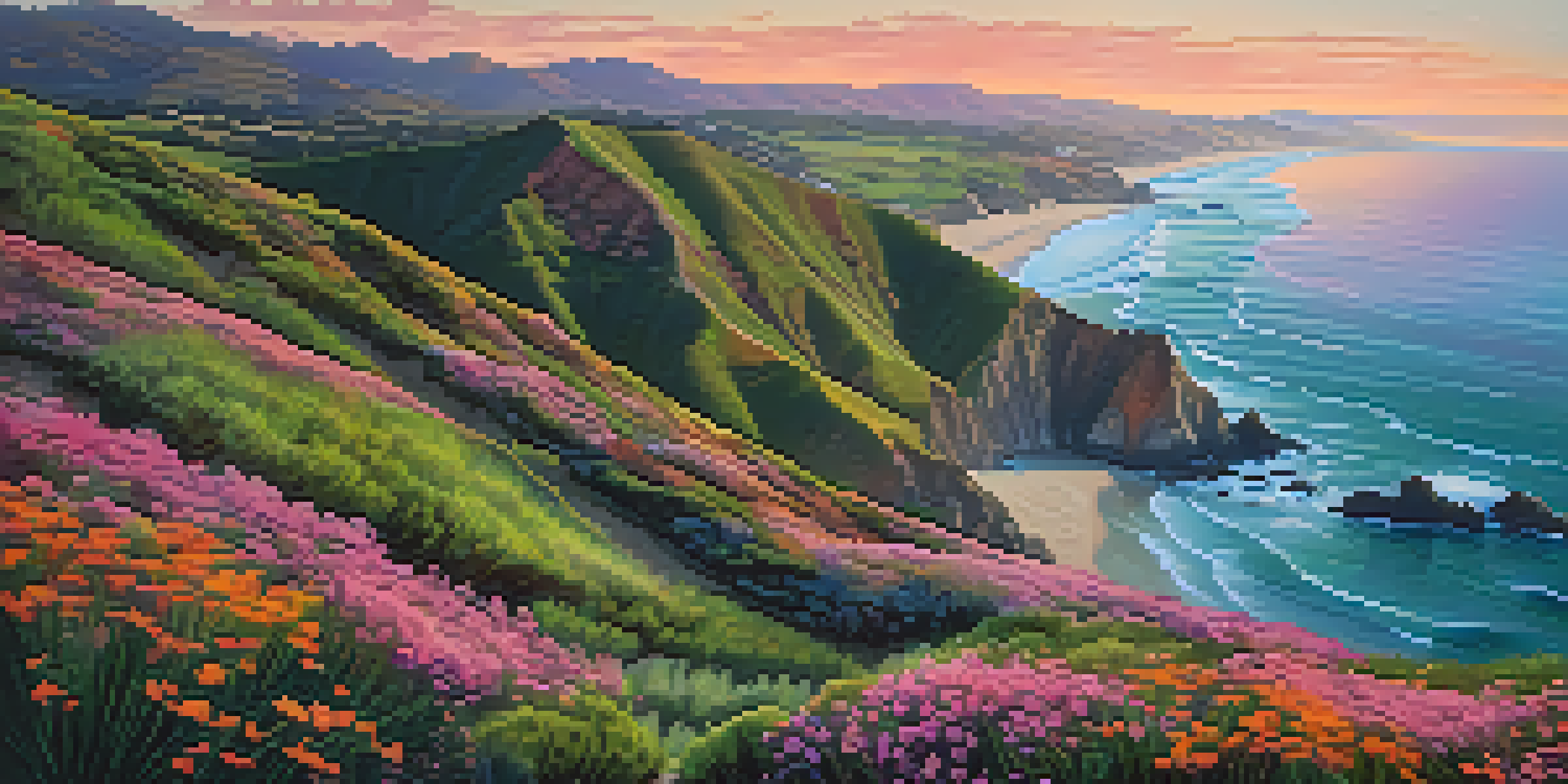 An aerial view of California's coastline at sunset with colorful skies, green cliffs, and a peaceful ocean.
