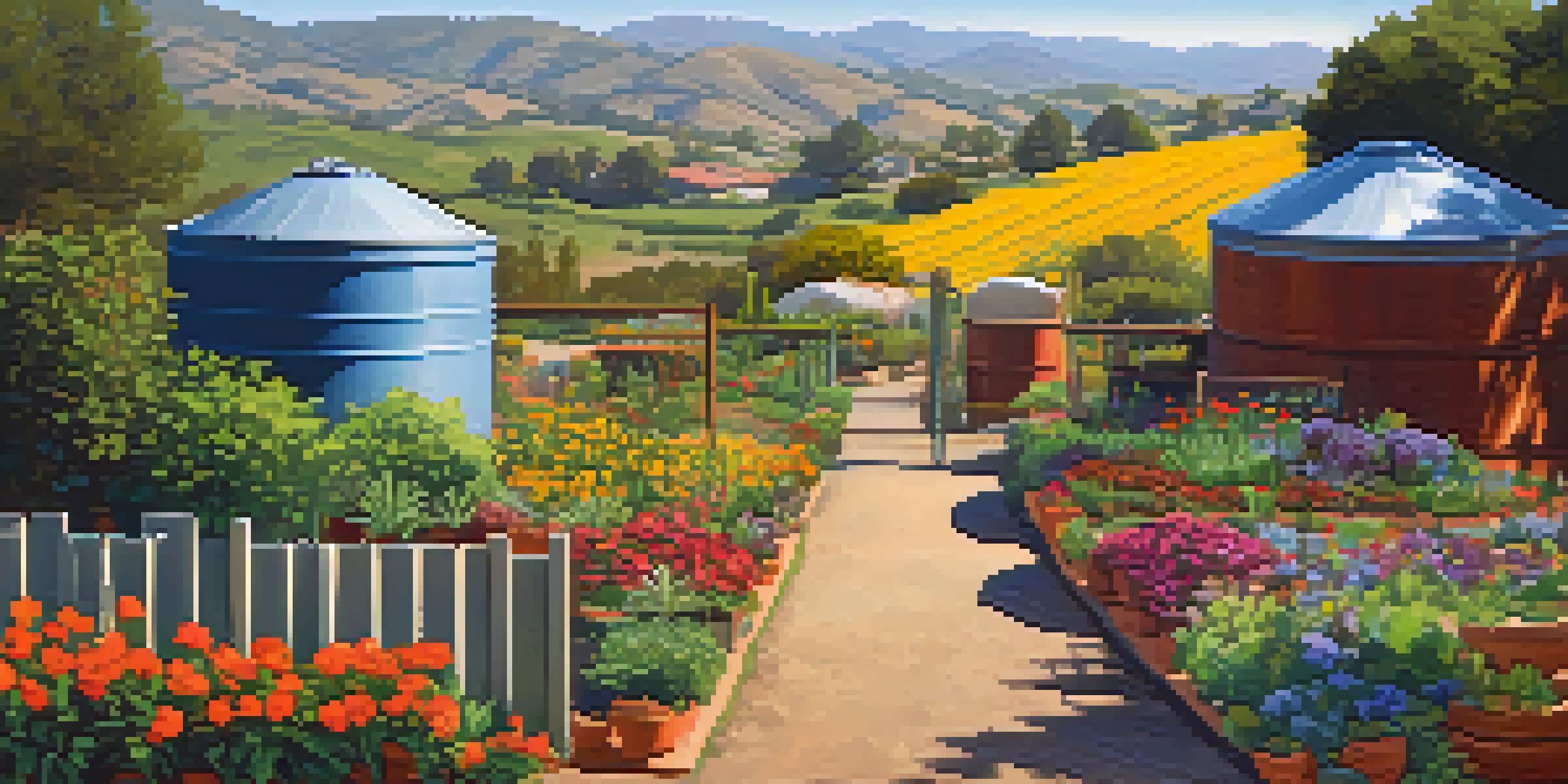 A beautiful California community garden featuring rainwater harvesting barrels, colorful flowers, and green plants, with rolling hills and a blue sky in the background.