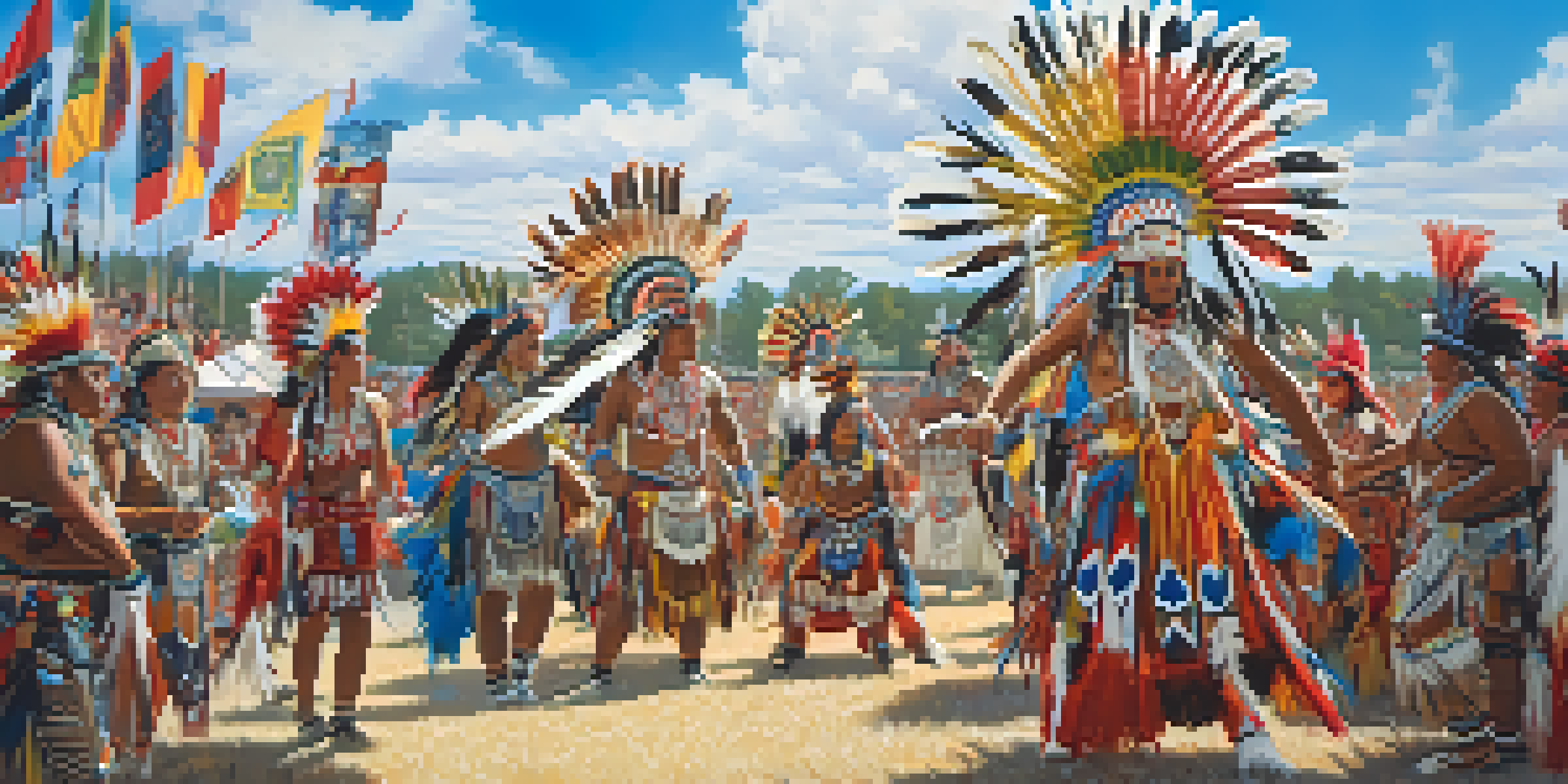 A lively powwow with dancers in traditional colorful outfits and a drum circle, surrounded by an audience under a bright sky.