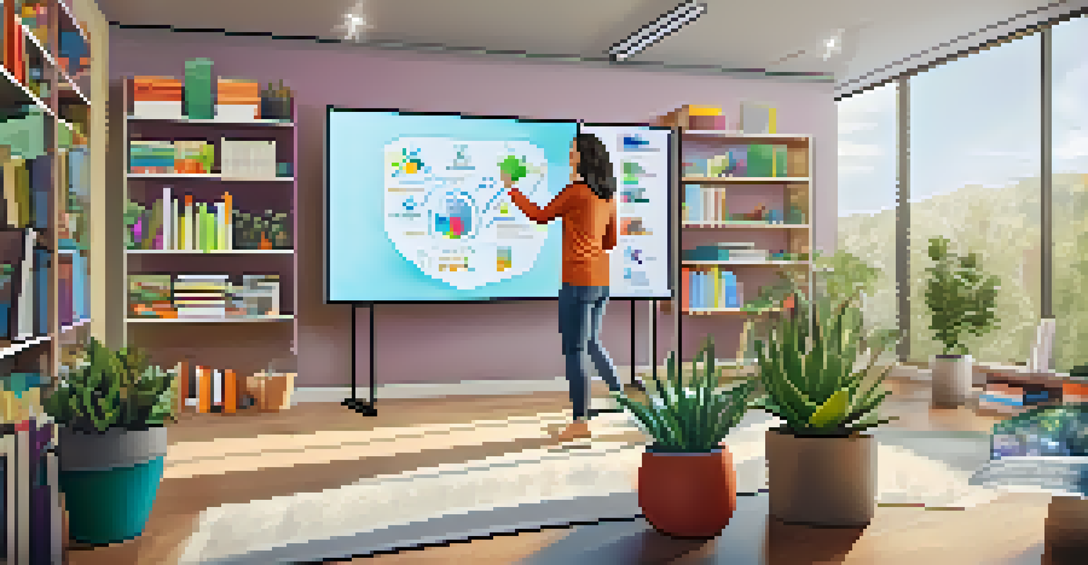 An enthusiastic instructor teaching a virtual classroom, displayed on a large screen in a modern home office.