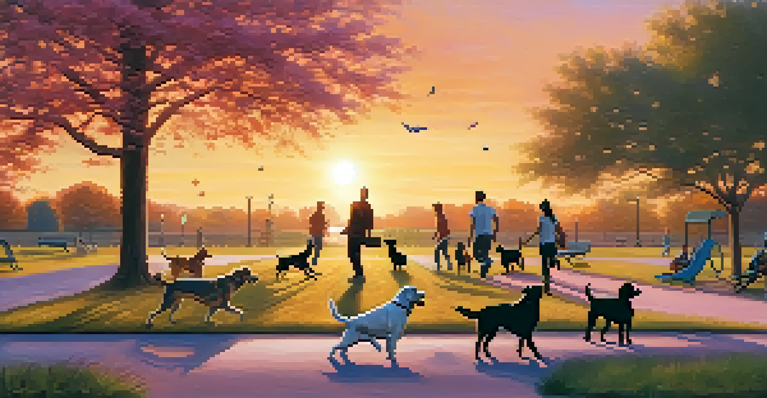 A sunset dog park with dogs playing, including a Labrador retriever and a small terrier, while owners relax on benches.