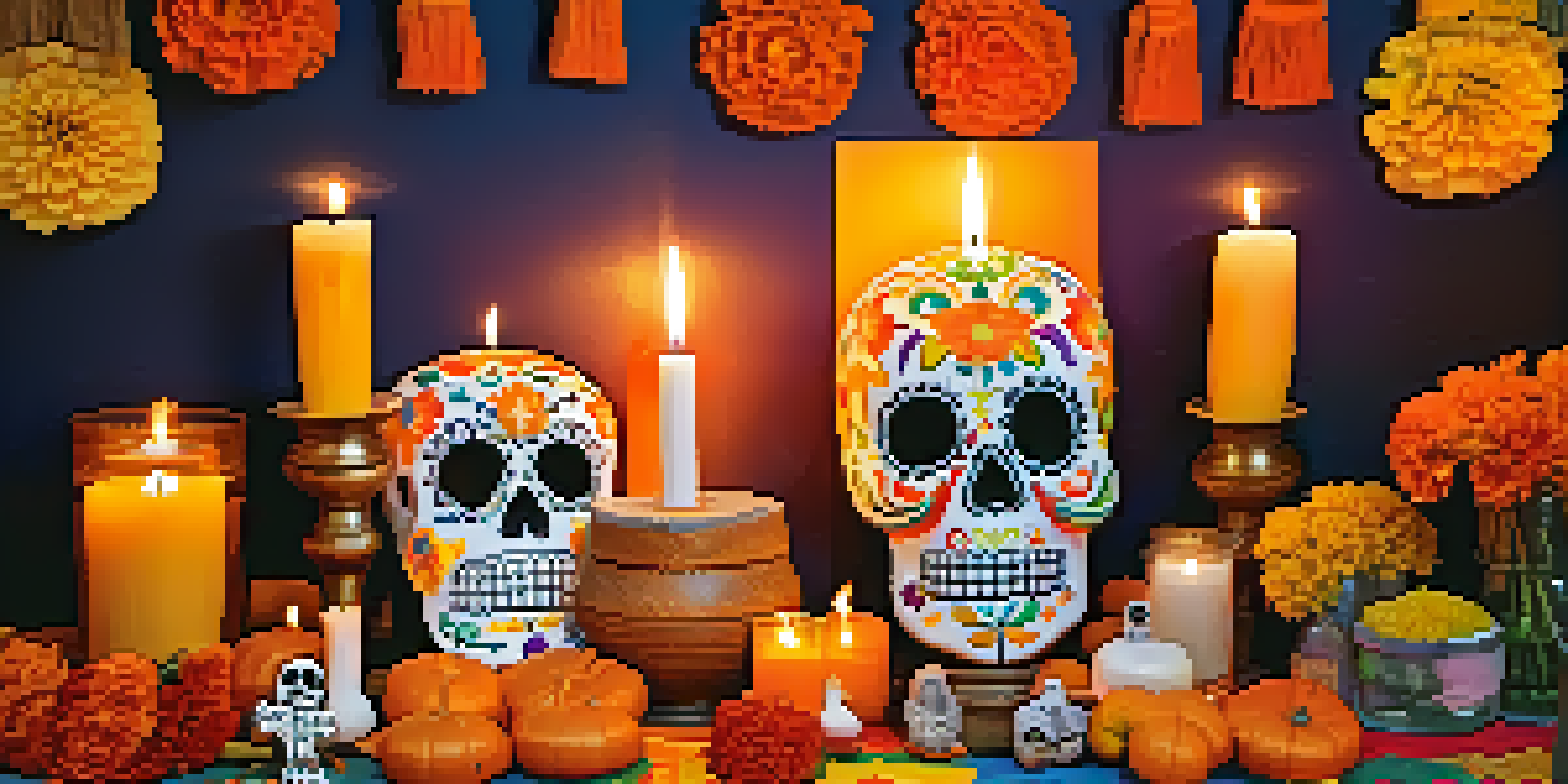 A colorful altar for Día de los Muertos adorned with flowers, photographs, and traditional foods, warmly lit by candles.