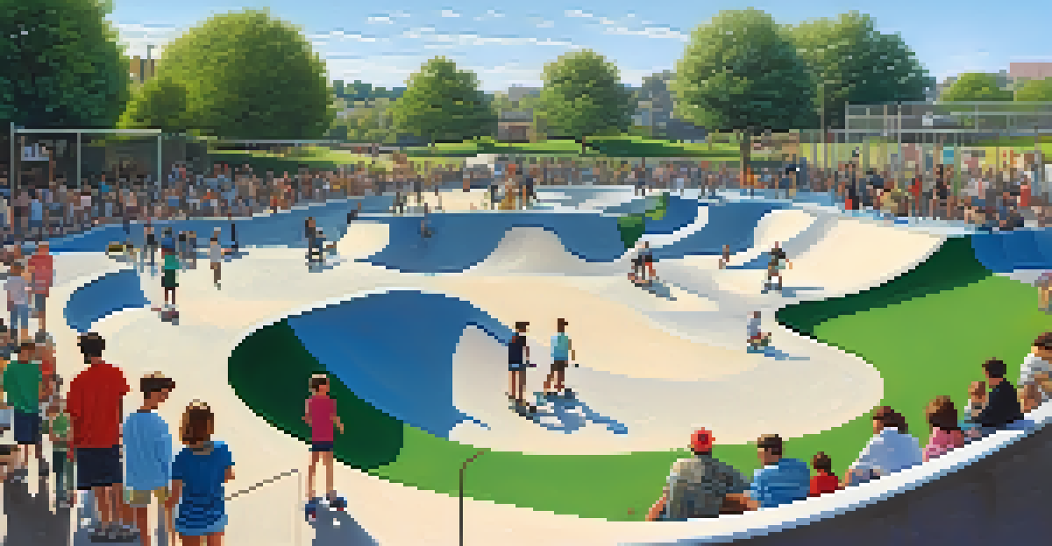 A panoramic view of a lively skate park with skaters of various ages.