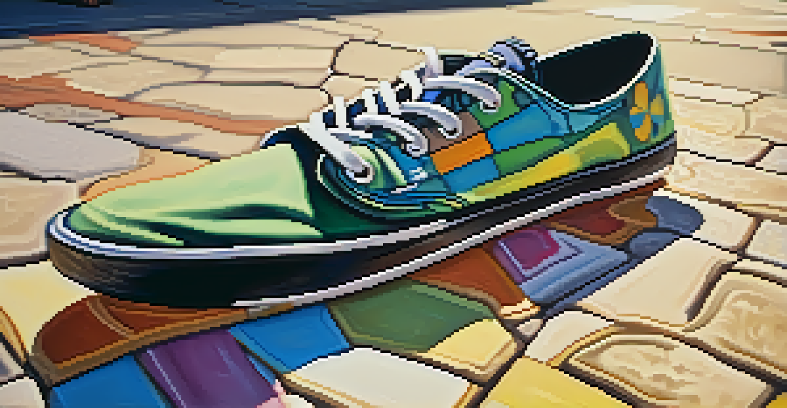 A skateboard deck on a sidewalk with colorful sneakers and sunglasses nearby, against a blurred city street background.